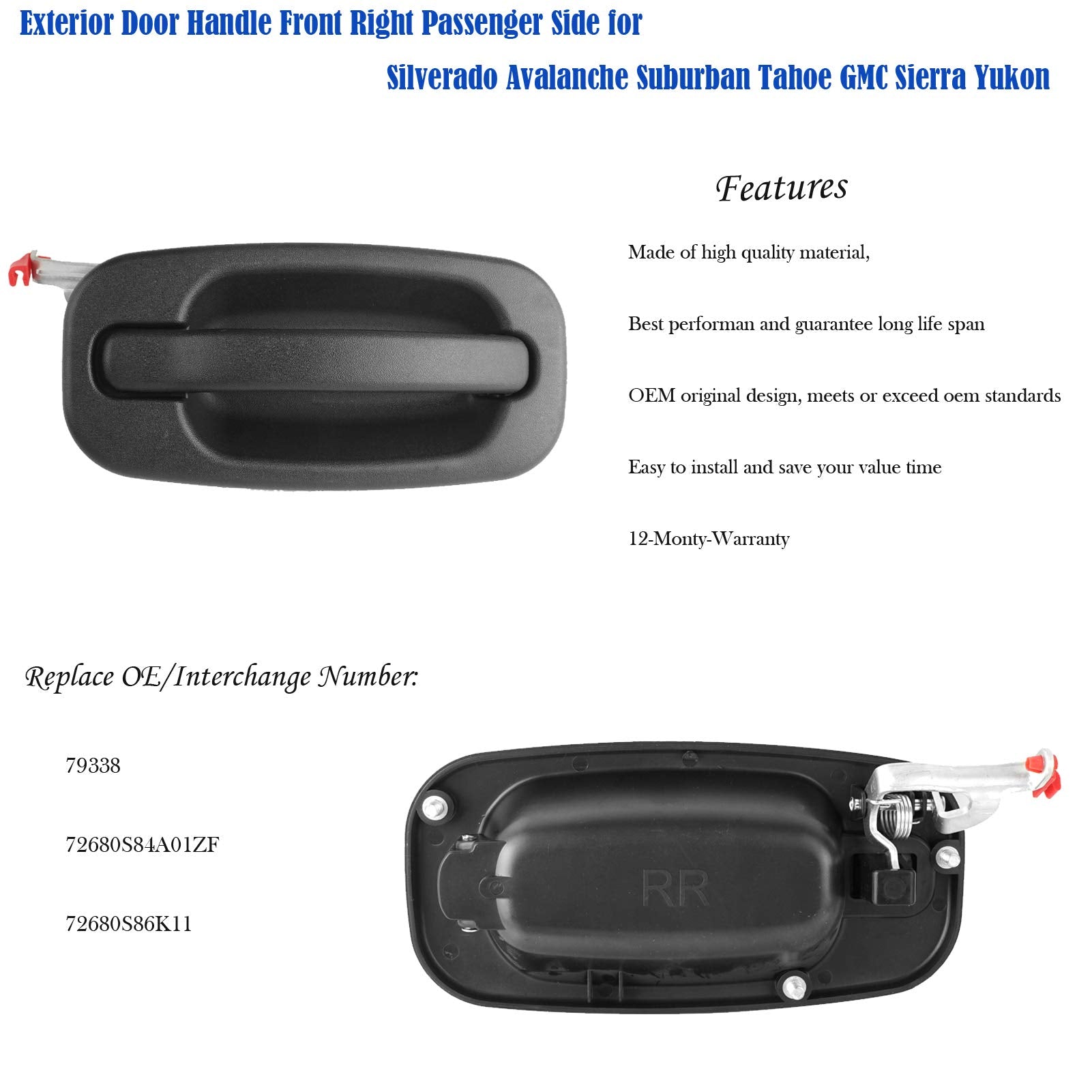 Exterior Front Right Passenger Side Door Handle Fit For Chevy Silverado Suburban Tahoe Avalanche Gmc Sierra Yukon 1500 2500 3500 1999 2000 2001 2002 2003 2004 2005 2006 2007 Replace # 80577 15182406