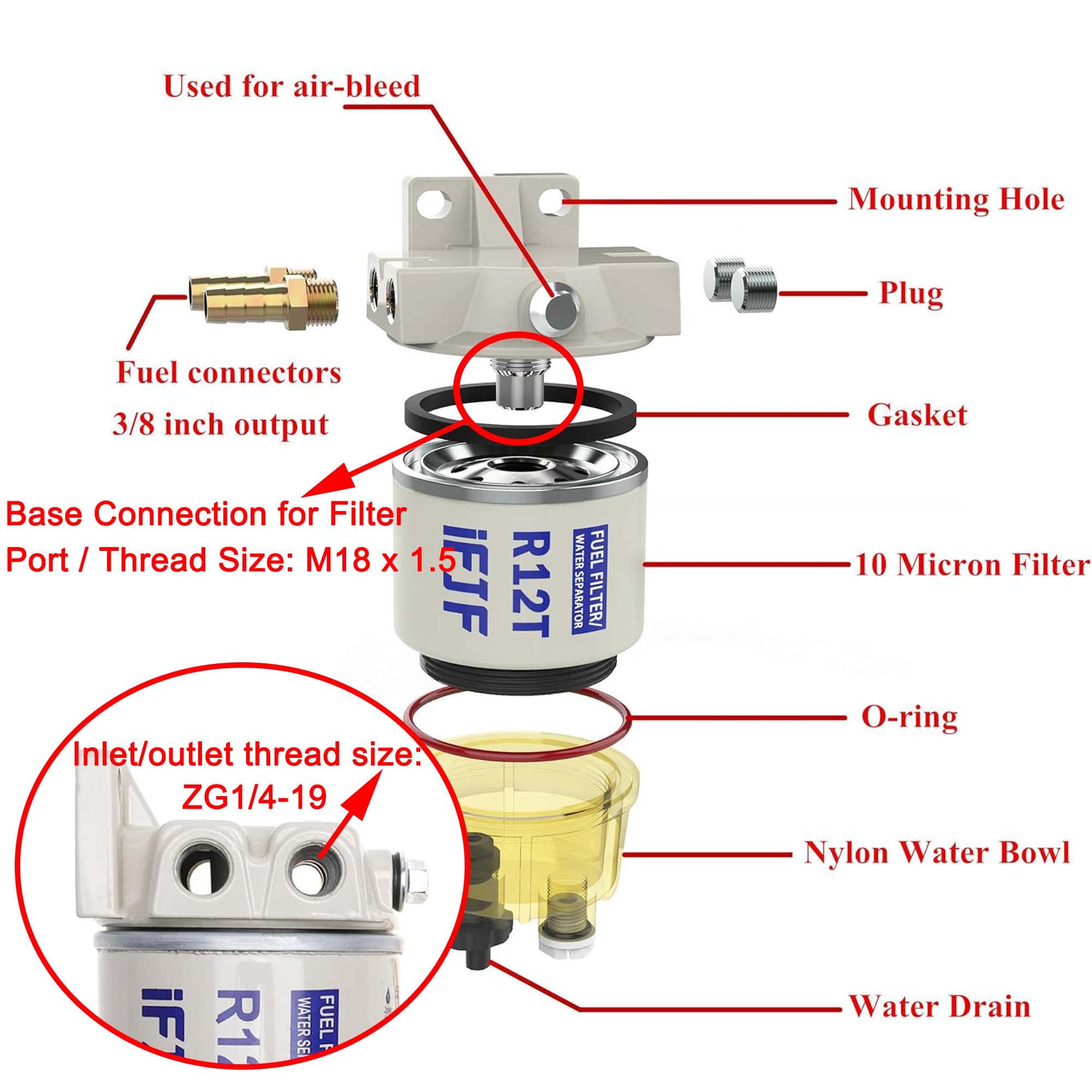 Ifjf R12T Fuel Water Separator Marine 120At Npt Zg1/4-19 Automotive Parts With Fitting -Complete Combo Filter Diesel Engine(Incl