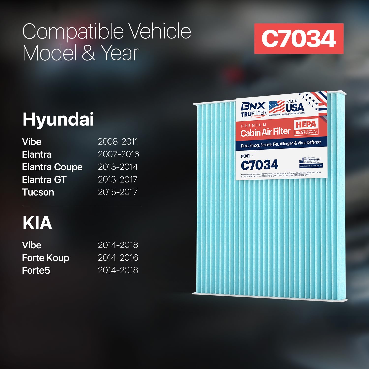 Bnx Trufilter C7034 Cabin Air Filter, Hepa 99.97%, Compatible With Hyundai: Accent, Elantra, Elantra Coupe, Elantra Gt, Tucson,