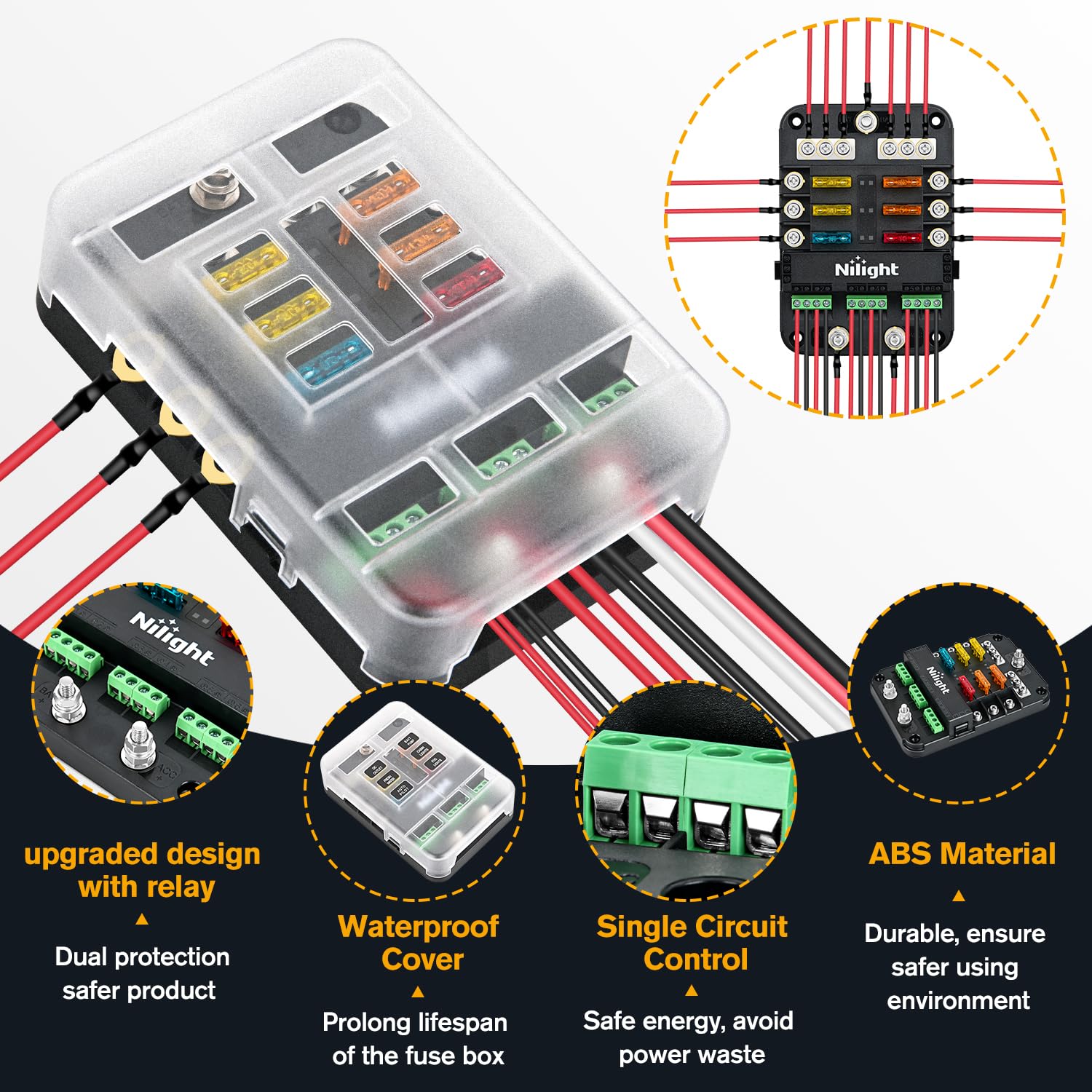 Nilight 6 Way Fuse Relay Block - 12V Blade Holder ATC/ATO, Waterproof Cover for Automotive, Cars, Motorcycles, RVs, Vans, Model 50224A