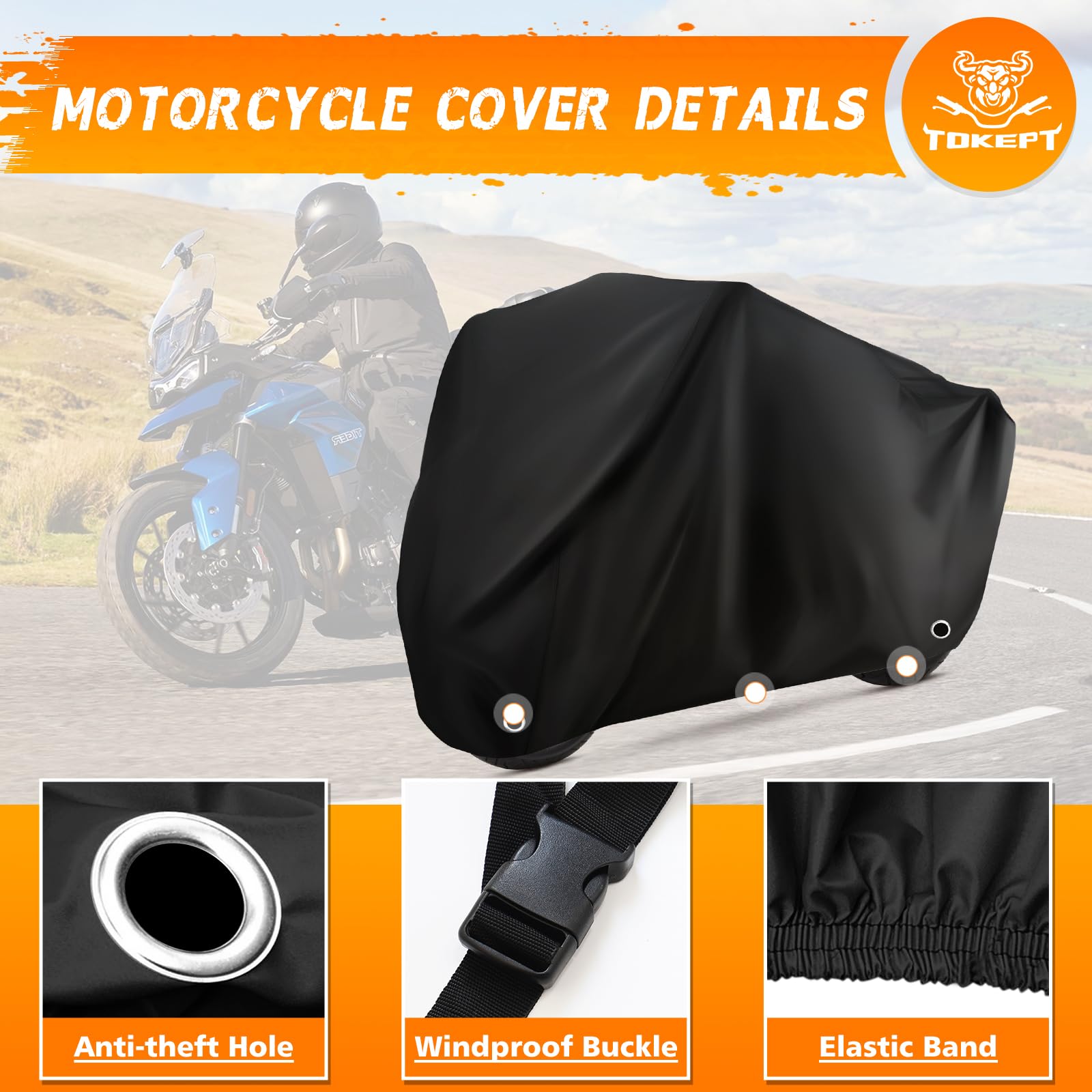 Tokept Motorcycle Cover Waterproof Sun with Lock-Holes & Storage Bag Heavy Duty Material, Fits up to 116'' Harley Davison and Al