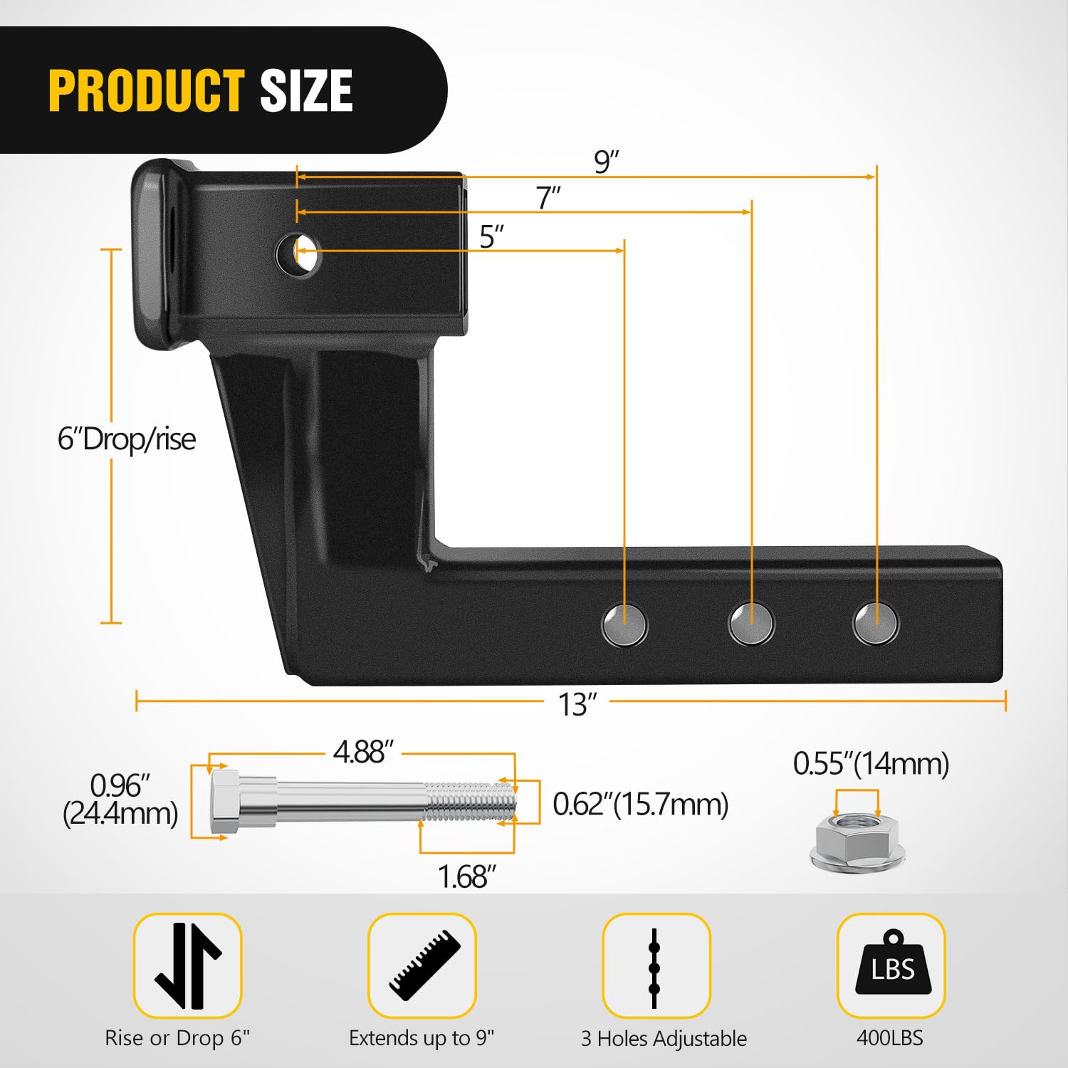 Nilight Trailer Hitch Extension Riser For 2 Inch Receiver With 6 Inch Rise Or Drop With Bolt Nut Clip 7,500 Lbs Capacity Adjusta