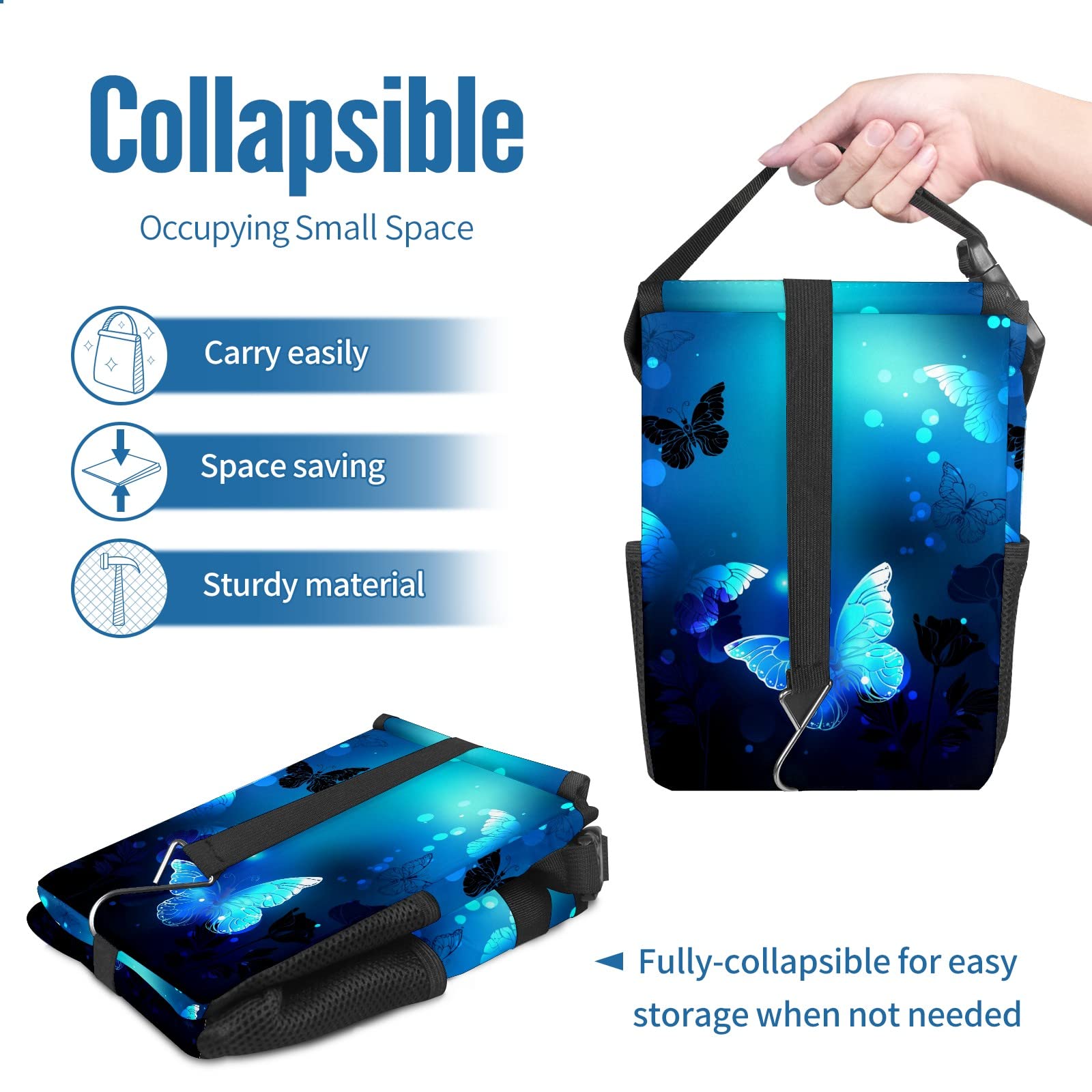 Blue Butterfly Glowing Car Trash Can with Lid, Collapsible Reusable Waterproof Garbage Can, Car Accessories Interior Organizer