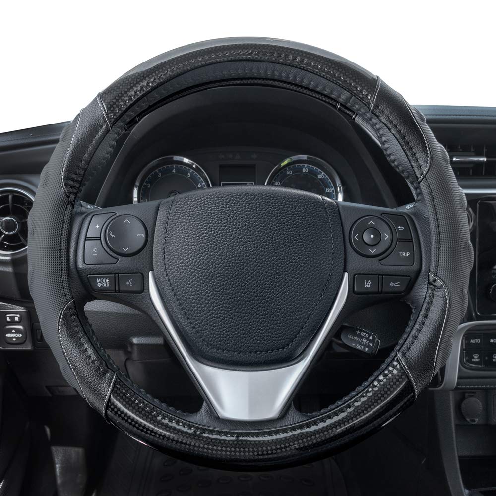 Motor Trend Gripplus Black Carbon Fiber Steering Wheel Cover, Standard 15 Inch Size, Advanced Traction Grip, Car Steering Wheel