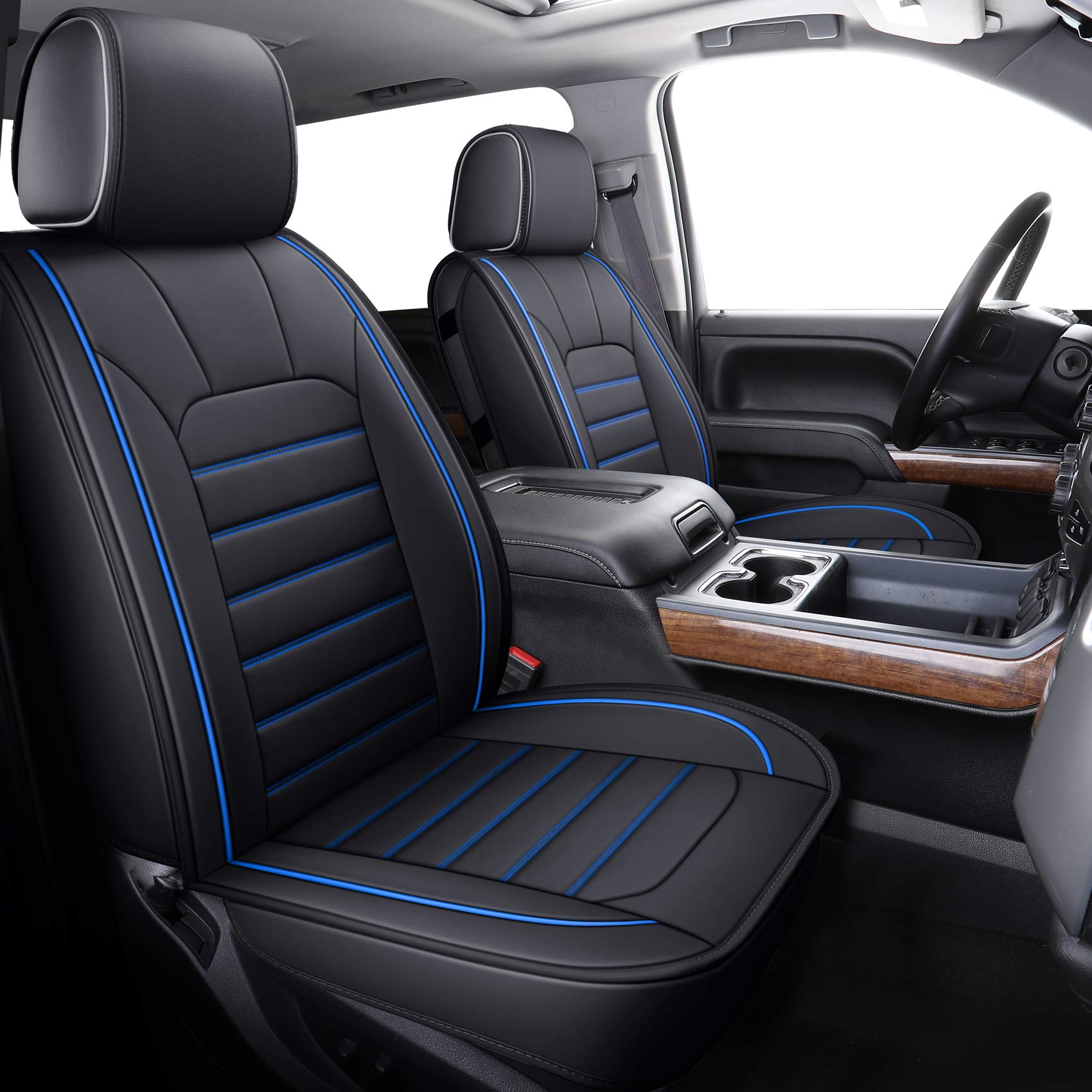 Luckyman Club Silverado Seat Covers Fit For 2007-2023 Chevy Silverado Sierra 1500/2500 Hd / 3500 Hd Crew,Double,Extended Cab With Water Proof Faux Leather (Black & Blue Full Set)