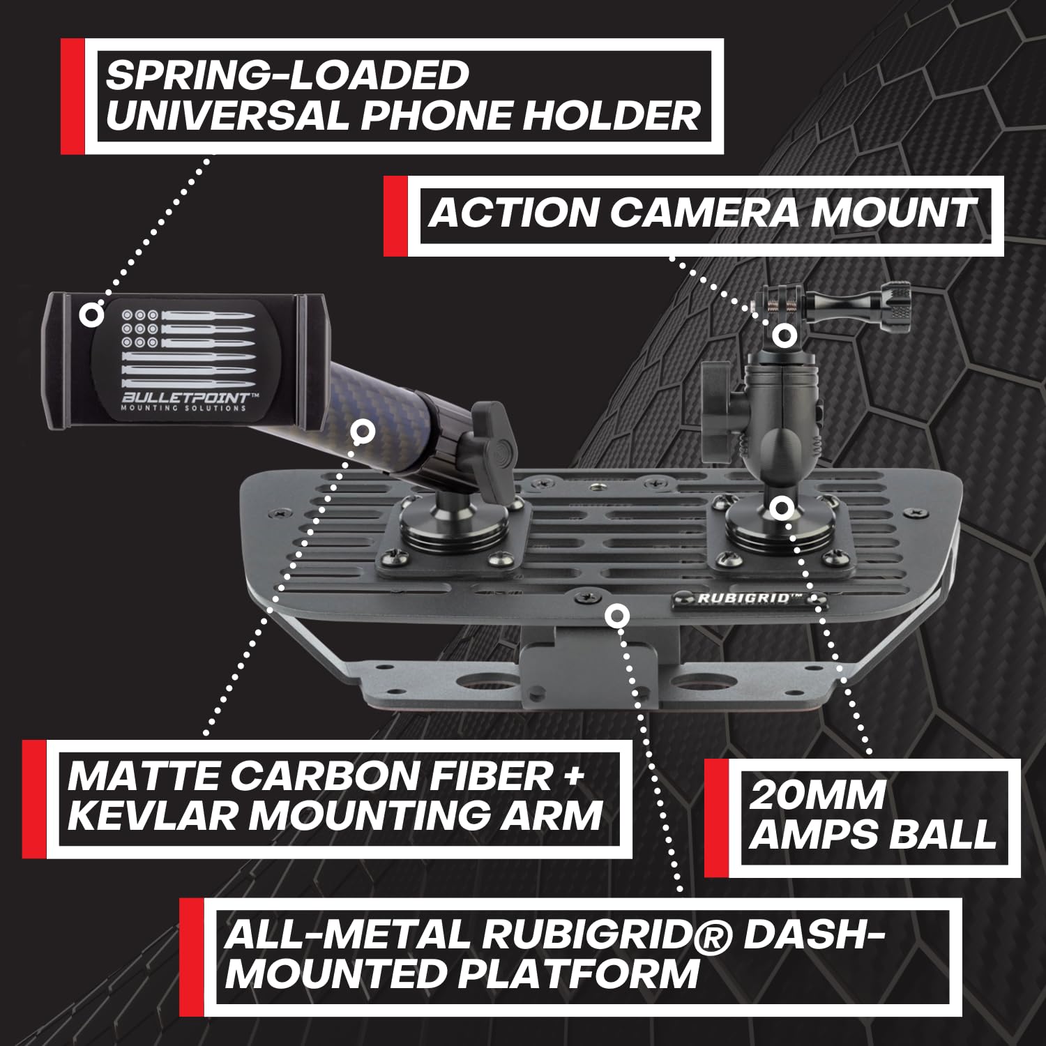 Bulletpoint Bulletpoint Dash Cell Phone Holder for 2011-2018 Jeep Wrangler JK, 20mm Ball Mount, Black Aluminum, Model BMS-JKRubiGridUniGP