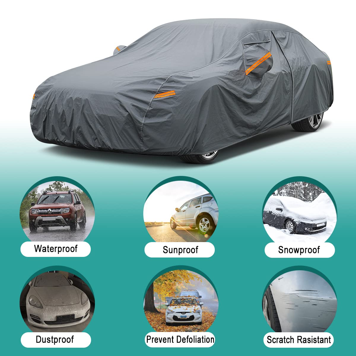 GUNHYI 16 Layers All Weather Car Cover, Waterproof Vinyl, Gray, 3XXL Fit for Sedans 194-208 inches