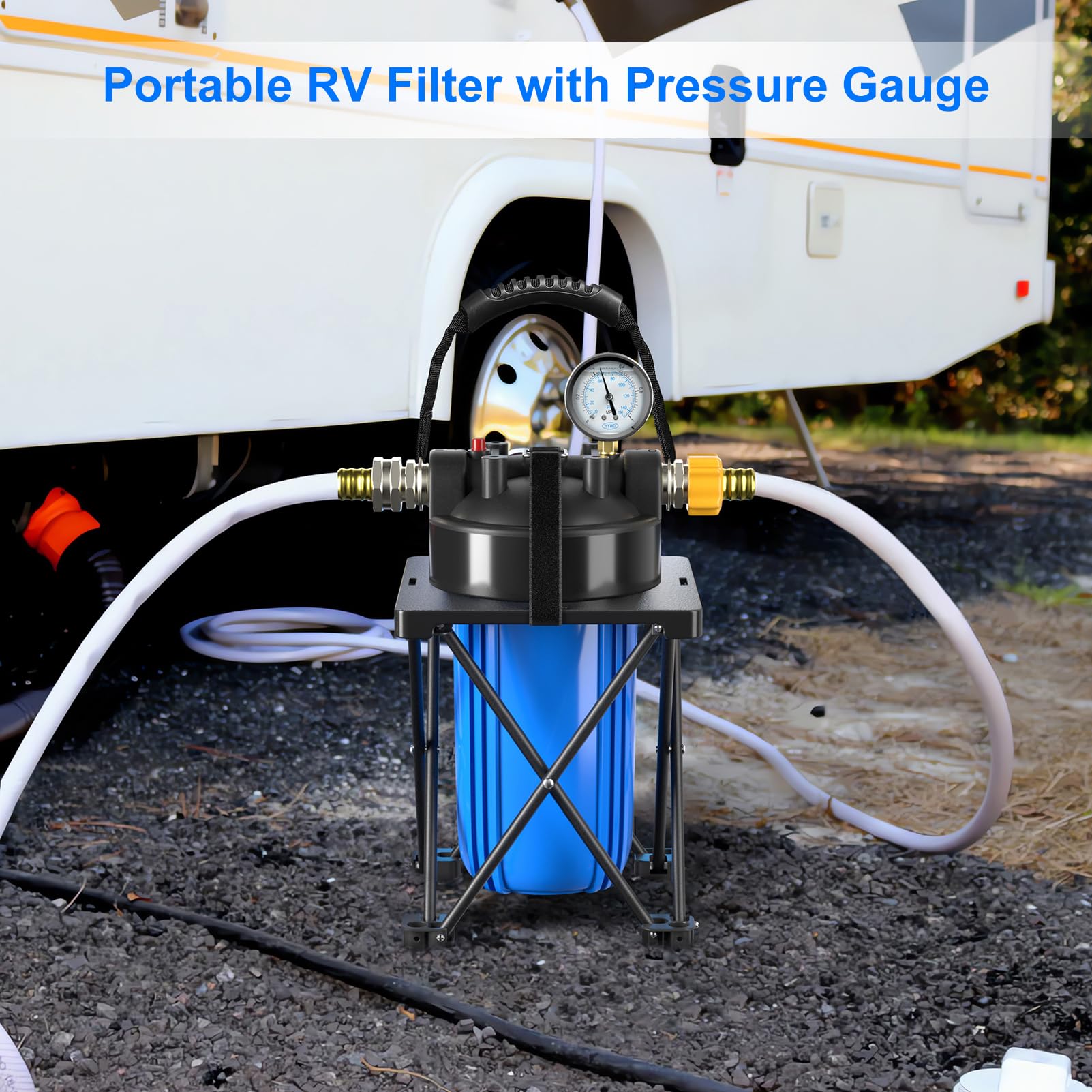 Hansing 6-Layer RV Water Filter with Stand & Pressure Gauge, 3/4" GHT, Blue, Removes Sediments, Chlorine, VOCs, Heavy Metals
