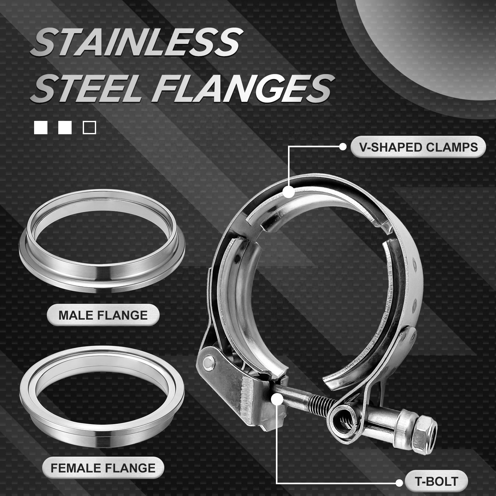 SYKRSS 2.5" Universal Stainless Steel V Band Clamp Flat Flange Kit - Silver, Model Flat-2.5