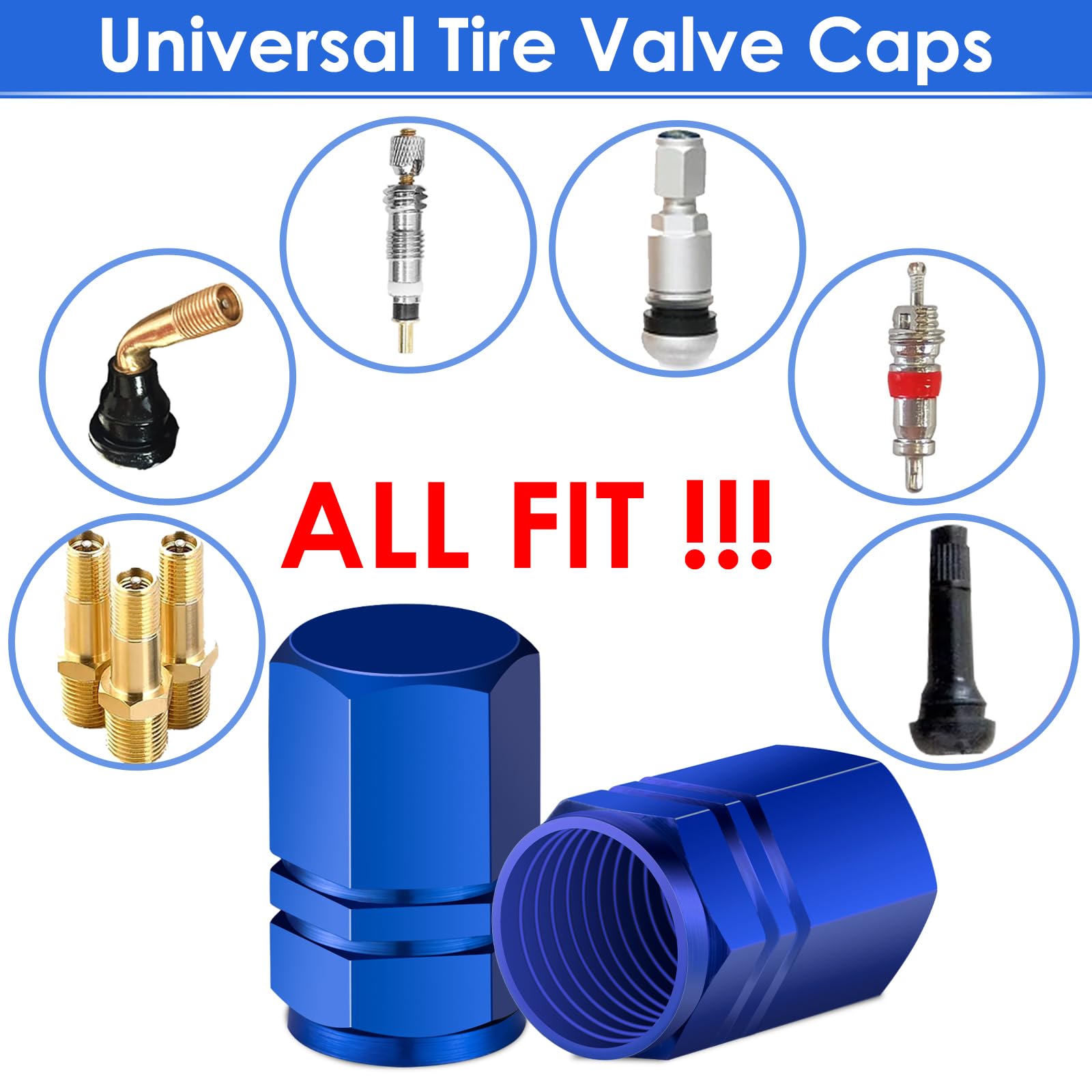 Auto Tire Valve Stem Caps: Blue Tire Air Pressure Caps| Schrader Valve Cap, Universal Stem Covers for Car Bike Bicycle Truck Mot