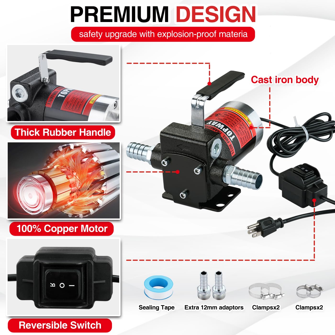 TOPWAY 110V AC Gasoline Fuel Pump, 3.7GPM Self-Priming, Reversible, Explosion-Proof, Black, Model TOP119, Ideal for Fuel Transfer