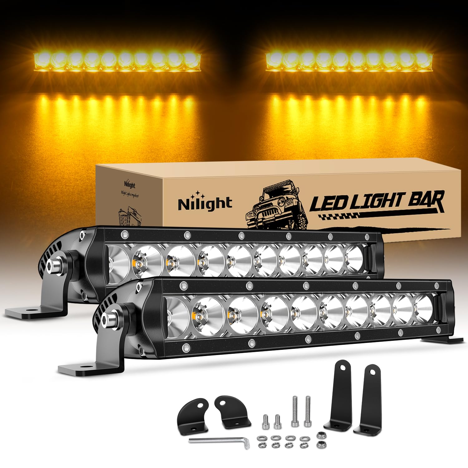 Nilight Led Light Bar Amber 2Pcs 11 Inch 50W Flood 5000Lm Super Slim 3D Driving Fog Off Road Work Pods For Trucks Pickup Suv Atv