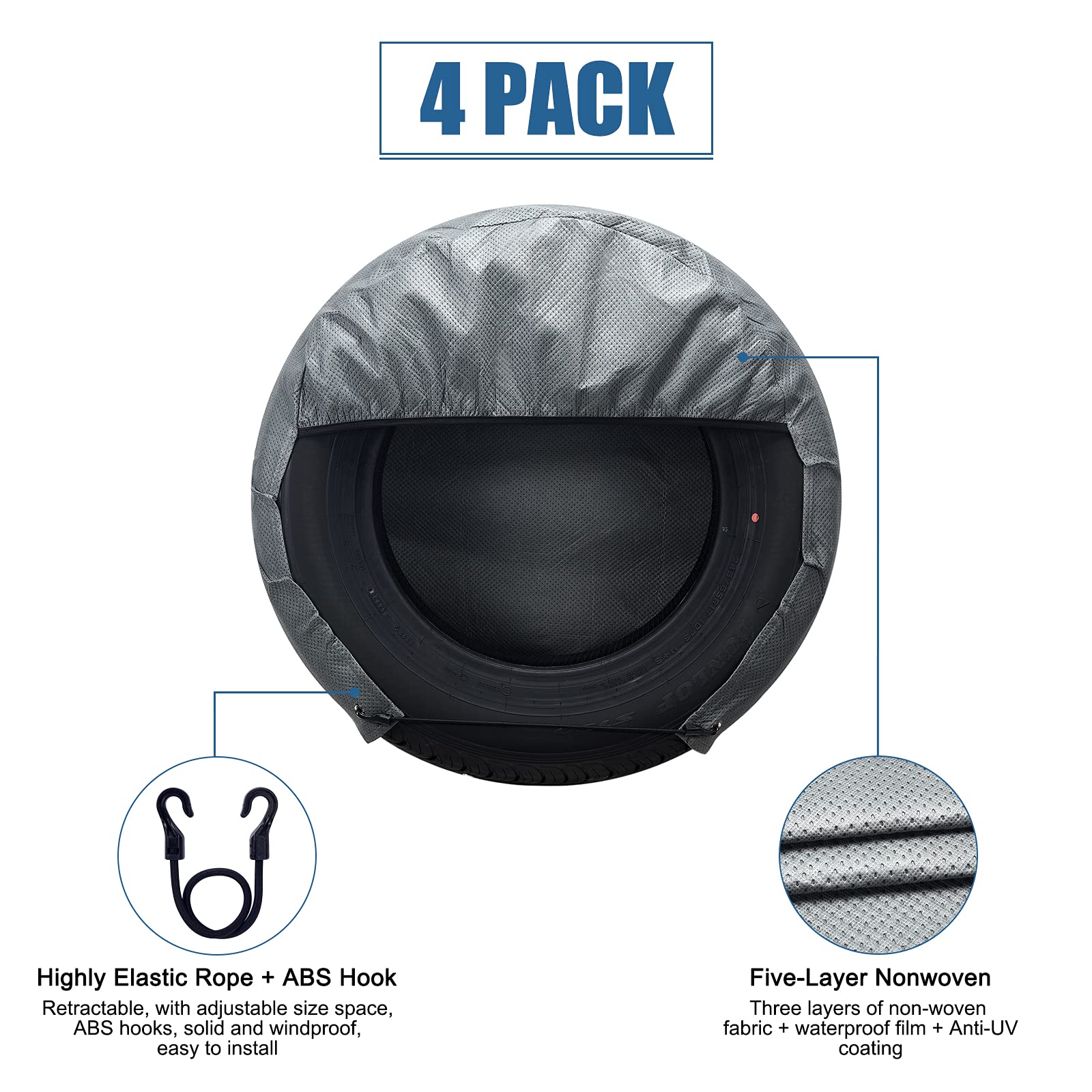 SYERAL Tire Covers Set of 4, Upgraded 5-Layer Nonwoven, Waterproof, Gray, M (27-29") for RV, Trailer, Truck, SUV