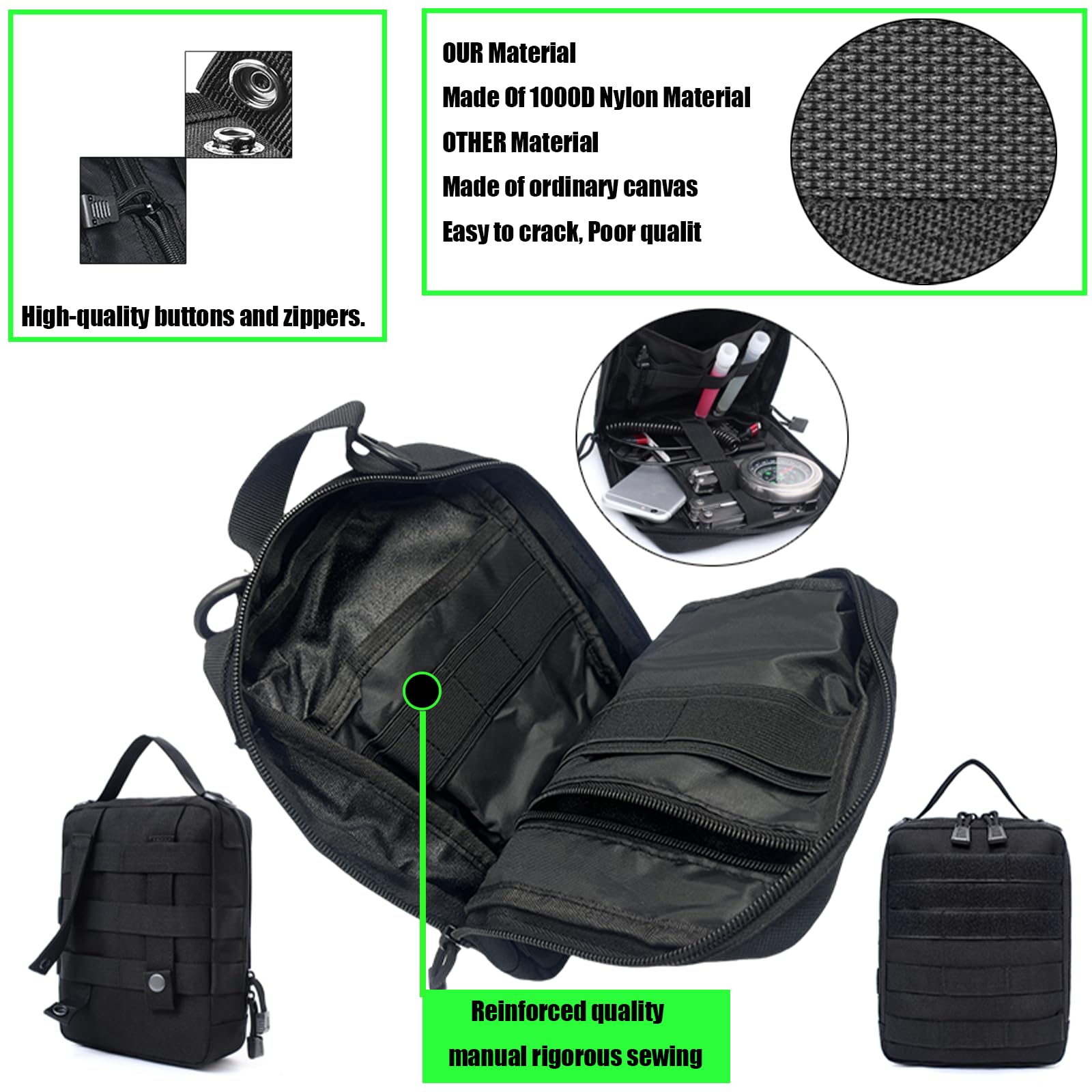 MEAUTELE Tactical Molle Car Seat Back Organizer - 6 Pack with 5 Detachable Pouches, 1000D Nylon, Black for Trucks & SUVs