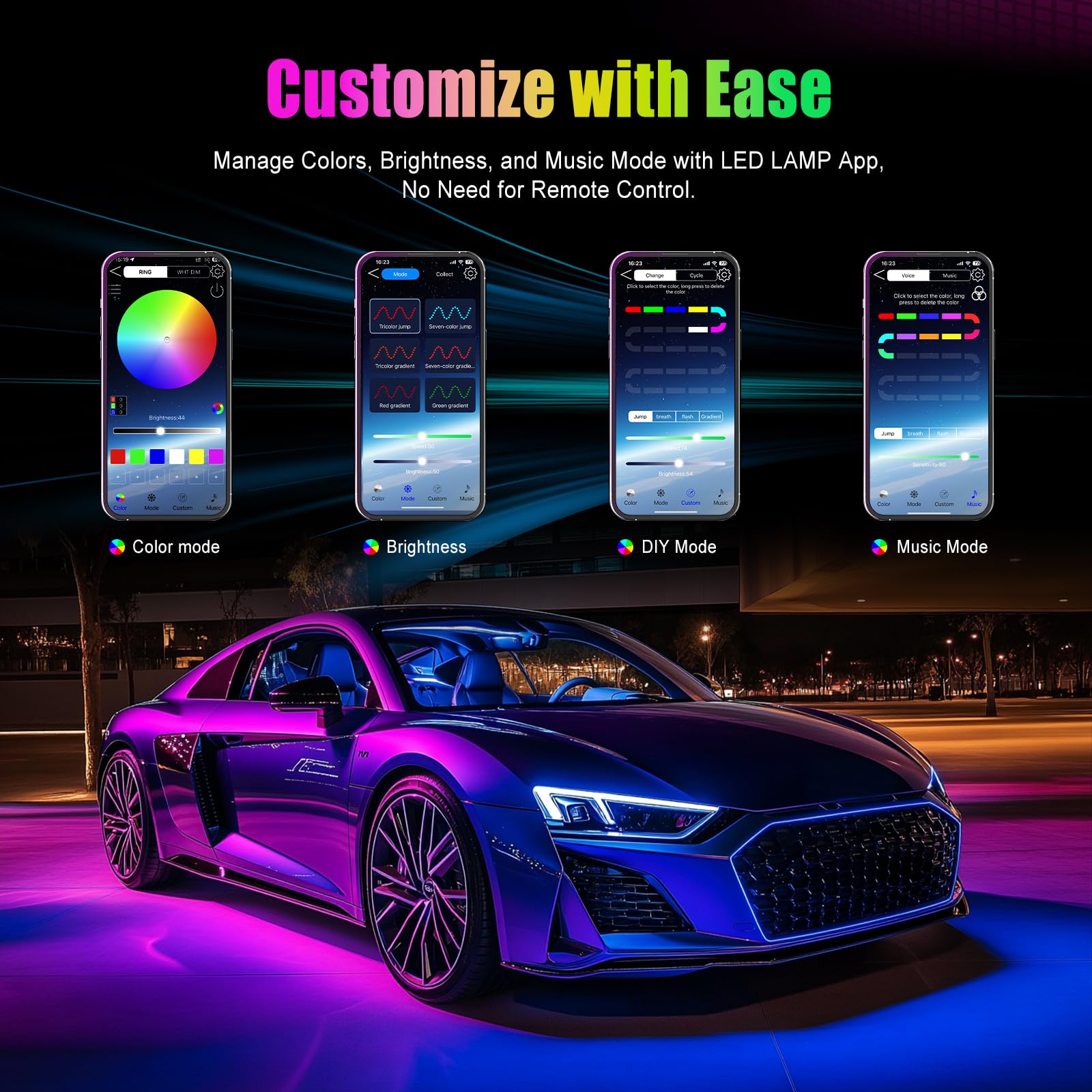 Yilaie Car Lights Interior, Multcolor Neon Light For Car With App Control And Button Control, Music Sync 4Pcs Usb Under Dash Lig
