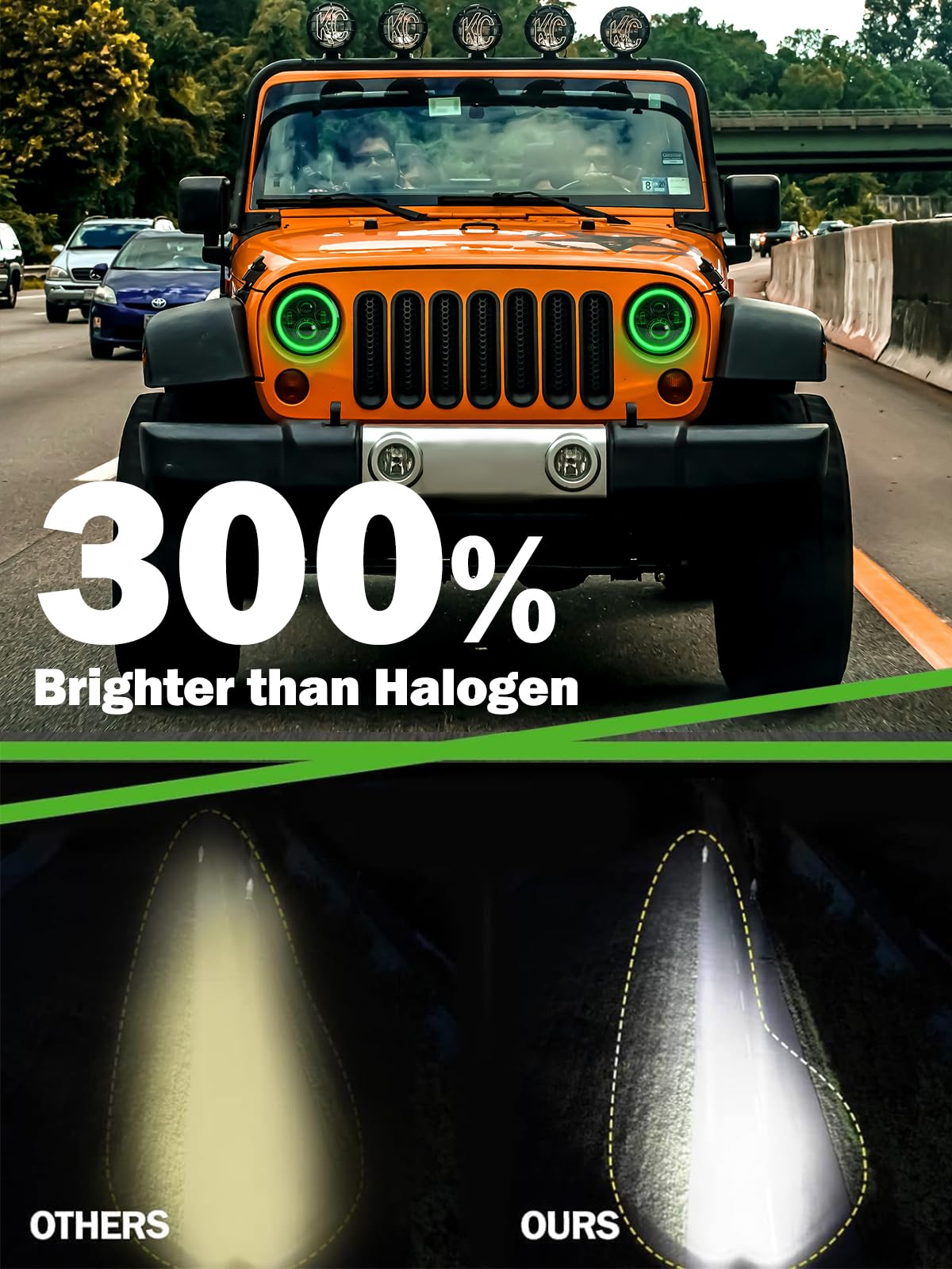 UNI-SHINE 7" LED Headlight with Amber Turn Signal, Hi/Lo Beam, Ghost Green - DOT Approved for Jeep Wrangler JK TJ CJ, Truck SUV