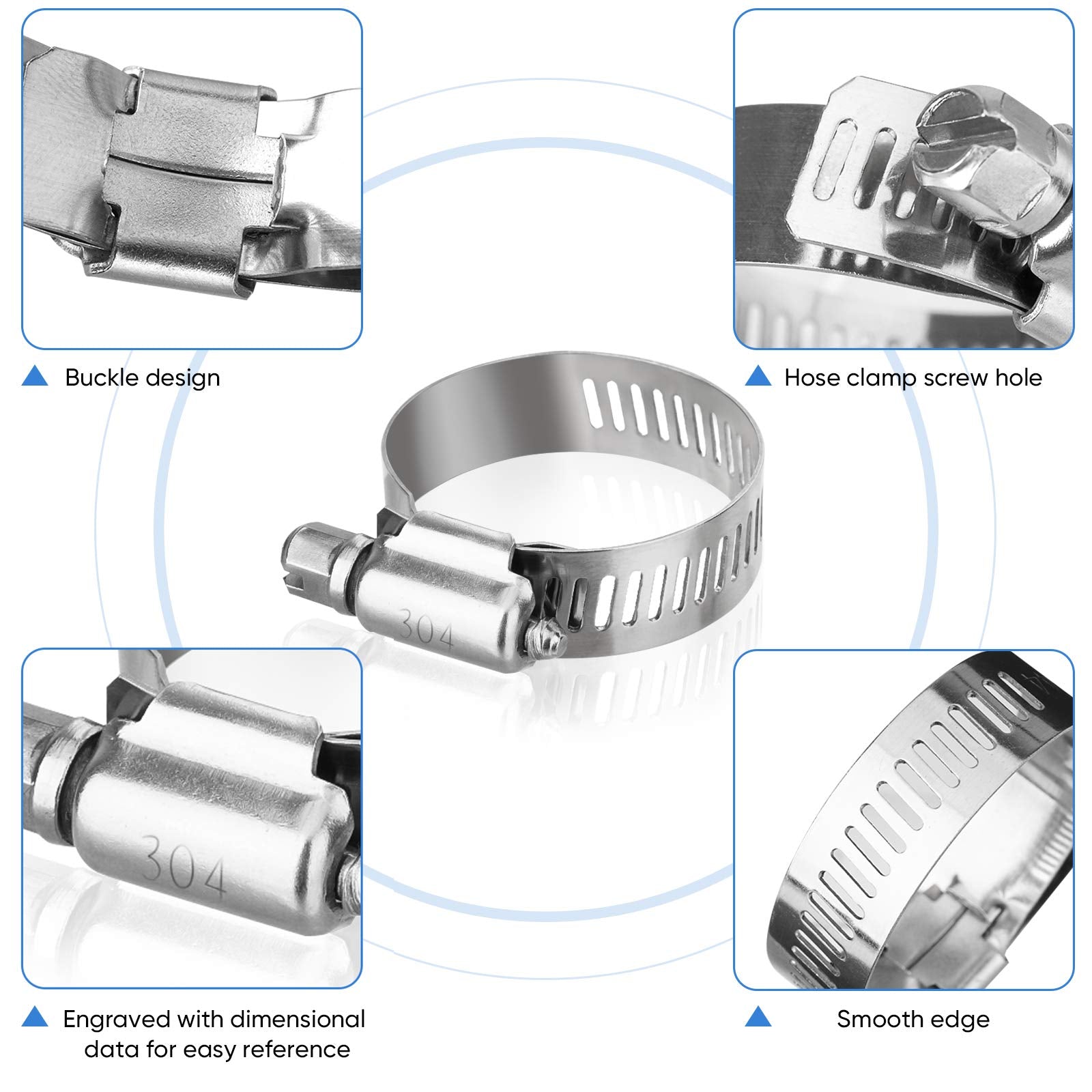 TICONN 40PCS Hose Clamp Set - 1/4''-1-1/8'' 304 Stainless Steel Worm Gear Hose Clamps for Pipe, Intercooler, Plumbing, Tube and
