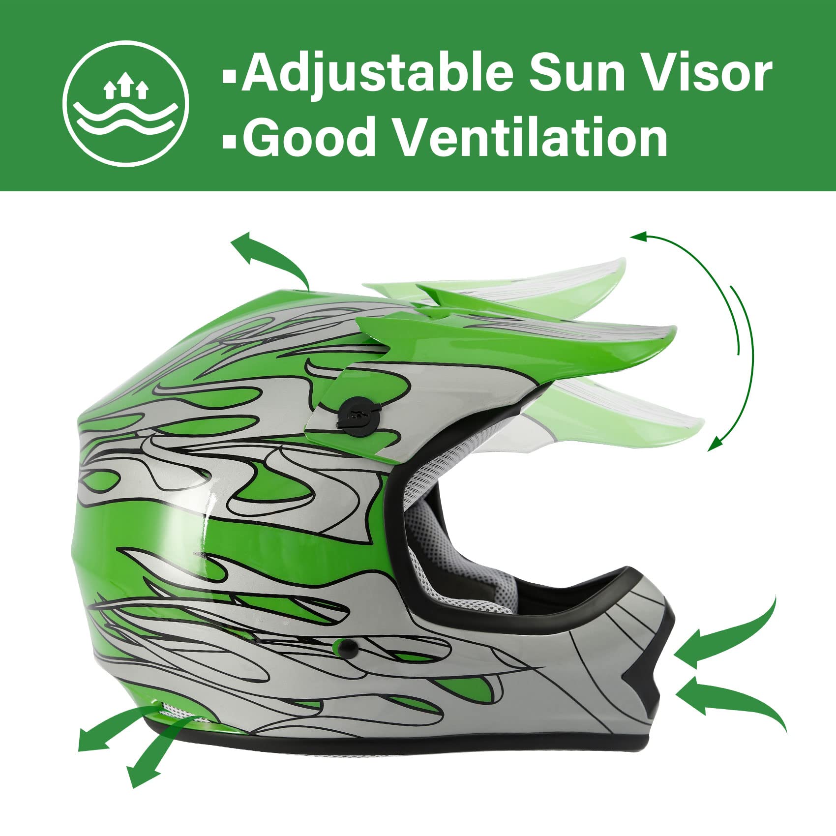 TCMT Youth Motocross Helmet Green Flame, Youth XL, ABS Material, Includes Goggles & Gloves