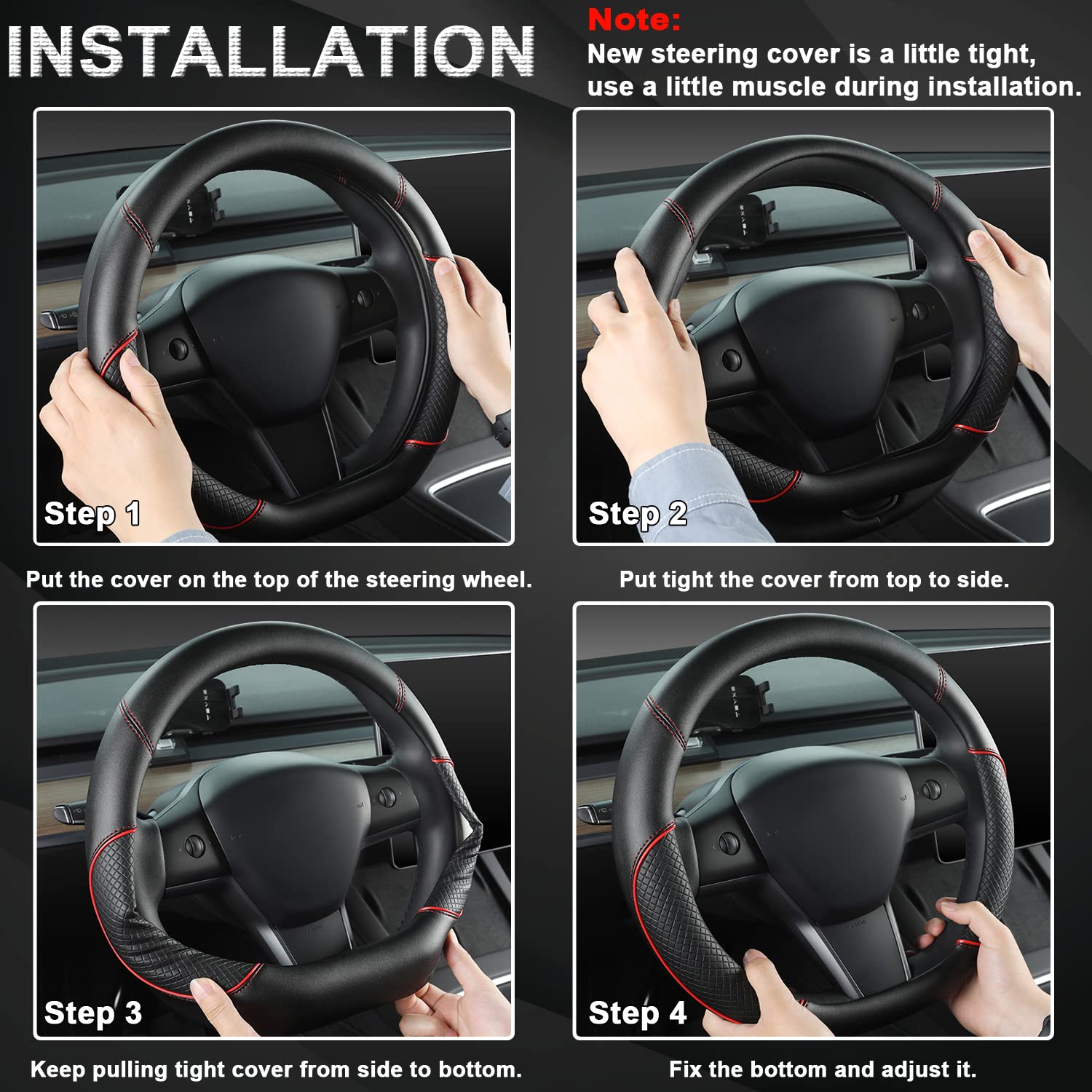 GIANT PANDA D-Shaped Leather Steering Wheel Cover for Nissan Rogue, Kicks, Altima, Sentra - Black with Red Line, Model SWNBD01