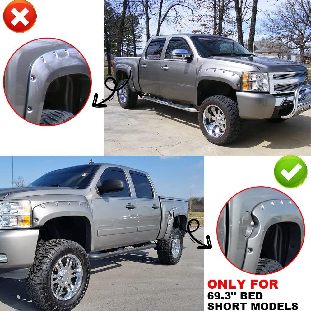 G-PLUS Textured Pocket Riveted Fender Flares, Compatible with Chevy Silverado 1500 2007-2013, [Only Fit 5.8' Short Bed Crew Cab(