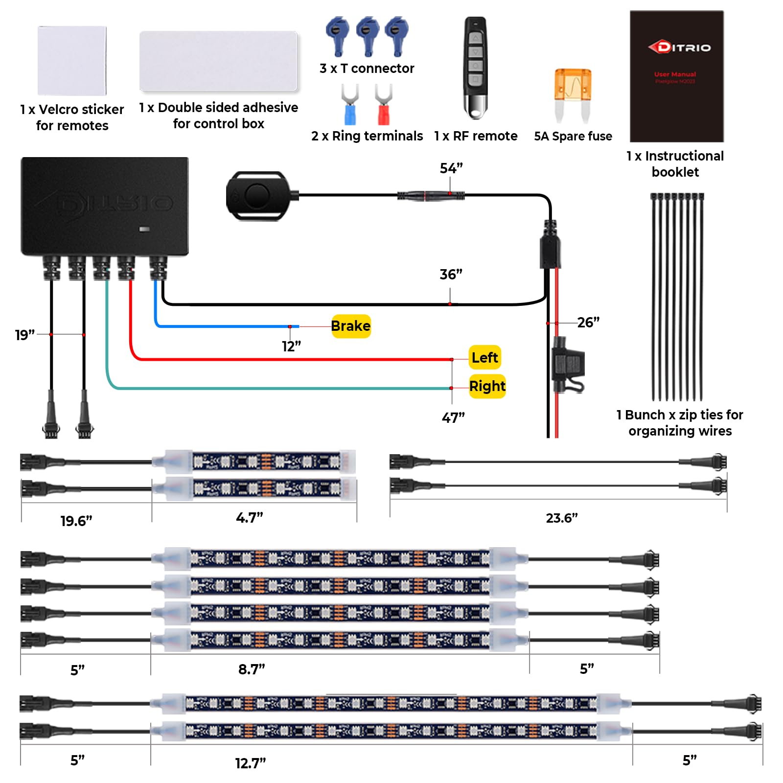 DITRIO 8Pcs Motorcycle LED Underglow Kit, RGB Lights with Remote Control, Waterproof Pixelglow Effects for Motorcycles, ATVs, UTVs