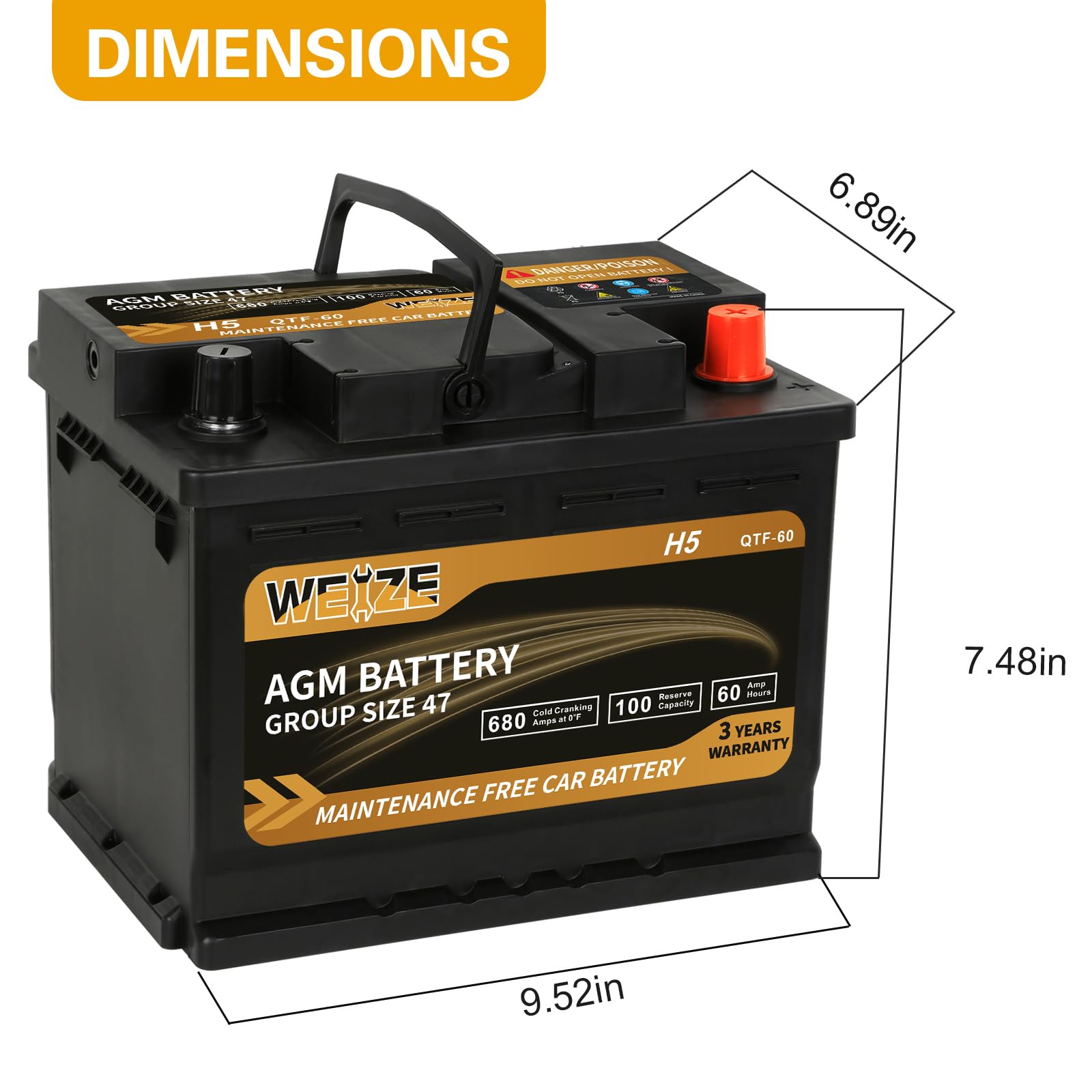 WEIZE Platinum AGM Automotive Battery BCI Group 47, 12V, 60Ah, 680CCA, 36 Months Warranty, Dimensions 9.52"L x 6.89"W