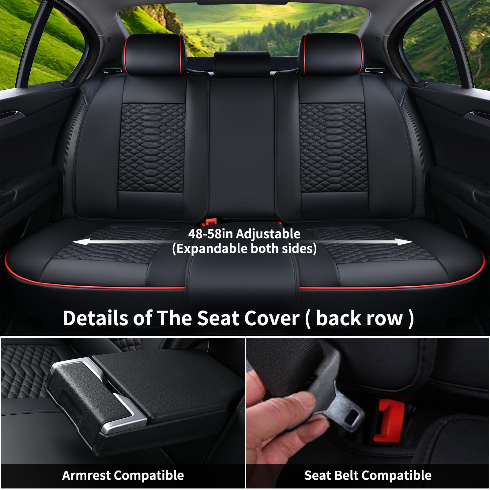 Coverado Full Set Waterproof Nappa Leather Car Seat Covers, Universal Fit for 5 Seats, Black&Red, Model SCU026