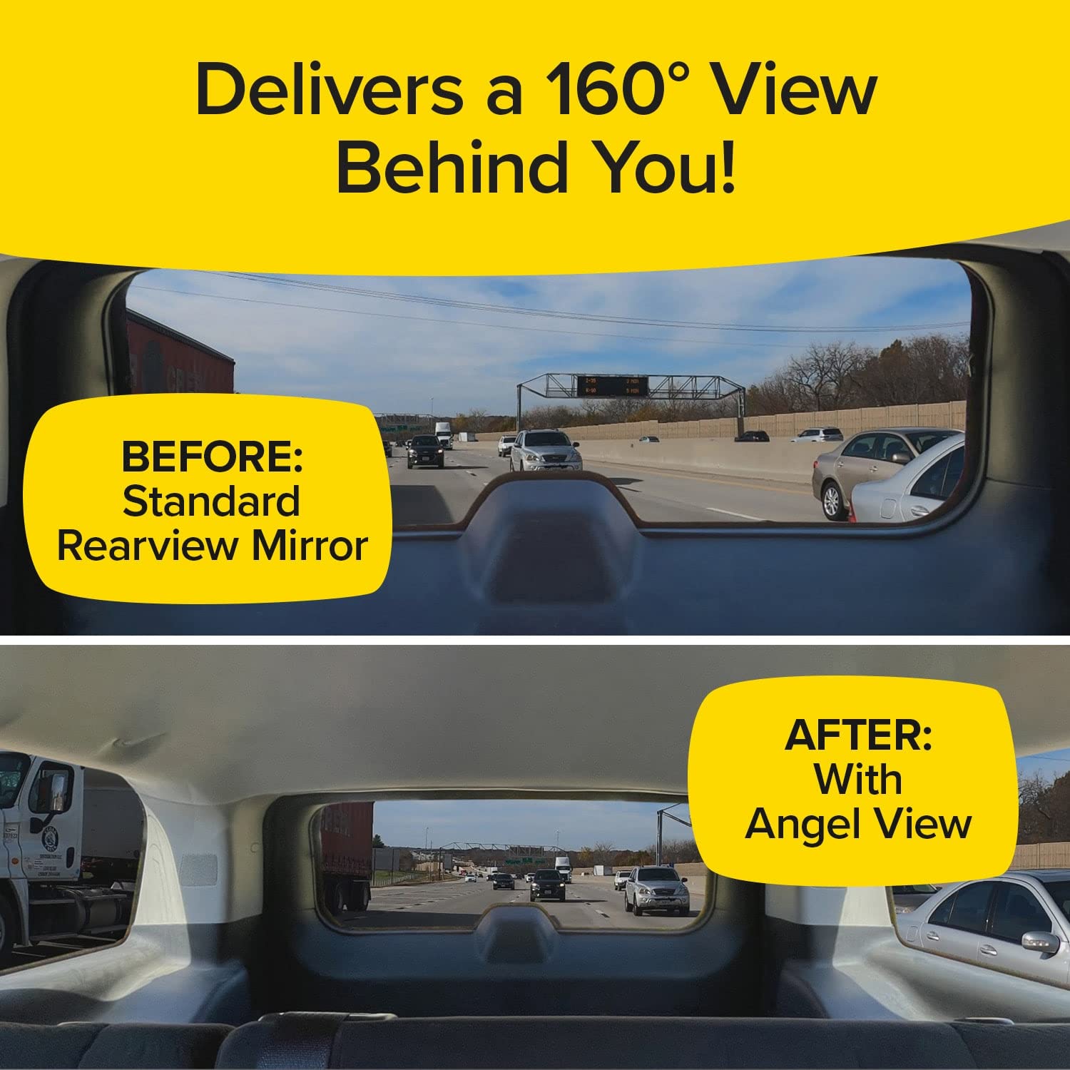 Angel View Wide-Angle Rearview Mirror - Reduces Blind Spots, 12" Plastic, Black, Model 16667, Installs in Seconds, Fits Most Cars, SUVs & Trucks