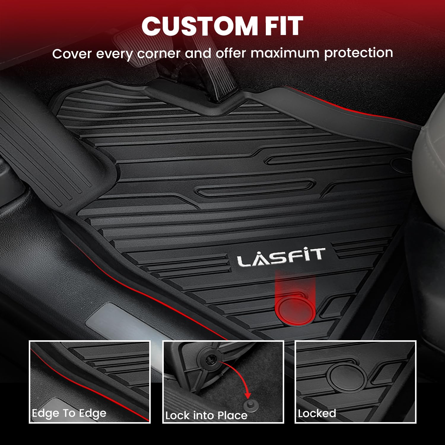 LASFIT TPE Floor Mats for Ford Explorer 2020-2025, 7 Passenger, Anti-Slip, Black, 4pcs, 1st-3rd Row Liners