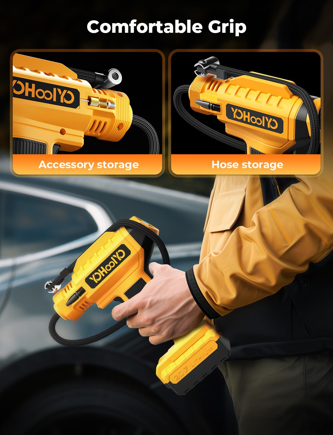 Yohoolyo Tire Inflator Portable Air Compressor For Cars, 20V Cordless Rechargeable Battery Powered Electric Car Tire Air Pump Di