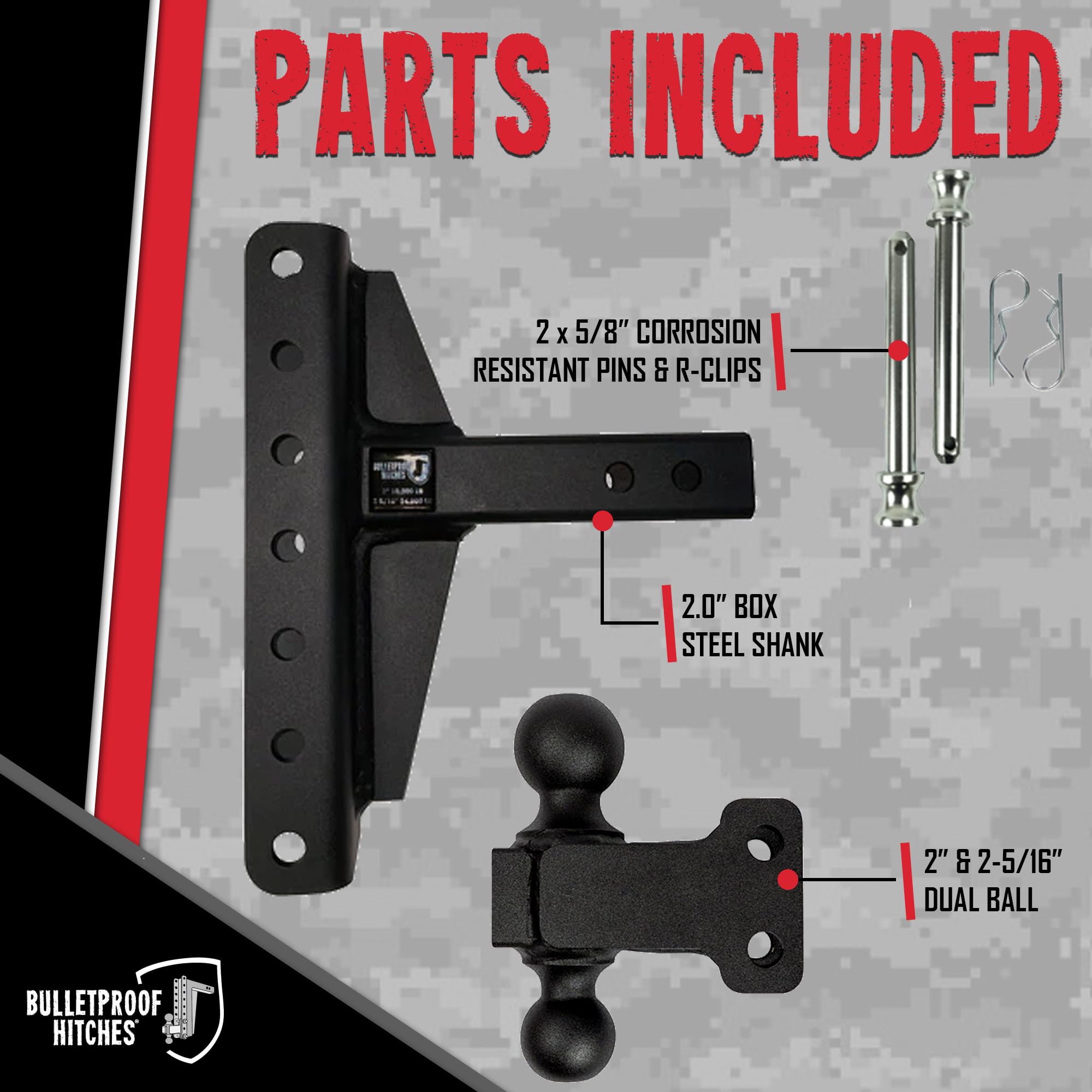 Bulletproof Hitches - 2.0'' Adjustable Medium Duty Trailer Hitch (14,000 Lb. Rating) - Offset 4'' And 6'' Drop/Rise Trailer Hitc