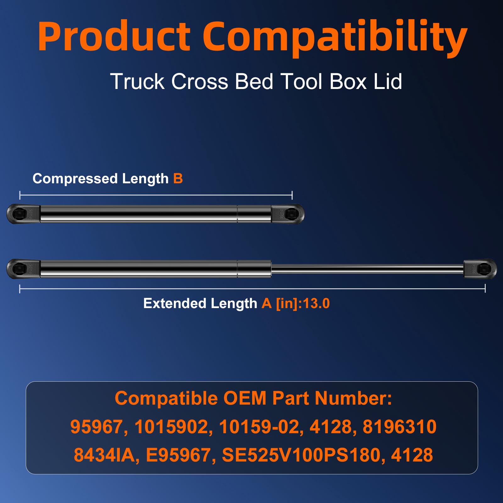 Qty (2) 10159-02 13In Universal Gas Shock For Delta Truck Bed Tool Box Lid, Gas Strut Lift Support For Pickup Cross Bed Full Siz