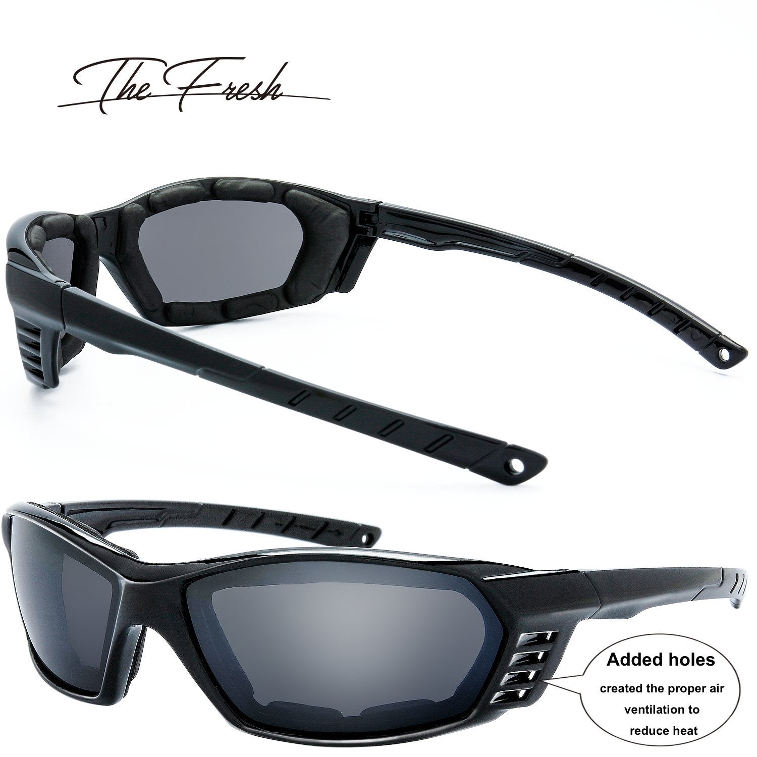 The Fresh 3 Pairs Motorcycle Riding Glasses Padded Frame Lens Block 100% Uvb For Outdoor Activity Sport (9-Shiny Black, Grey, Gr