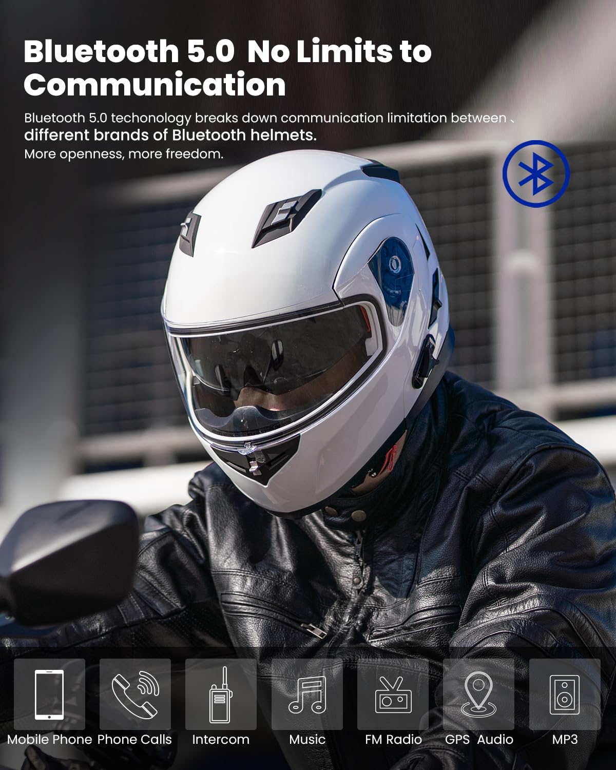 Ilm Bluetooth Integrated Modular Flip Up Full Face Motorcycle Helmet Sun Shield Mp3 Intercom Model 953Pro (M, White)
