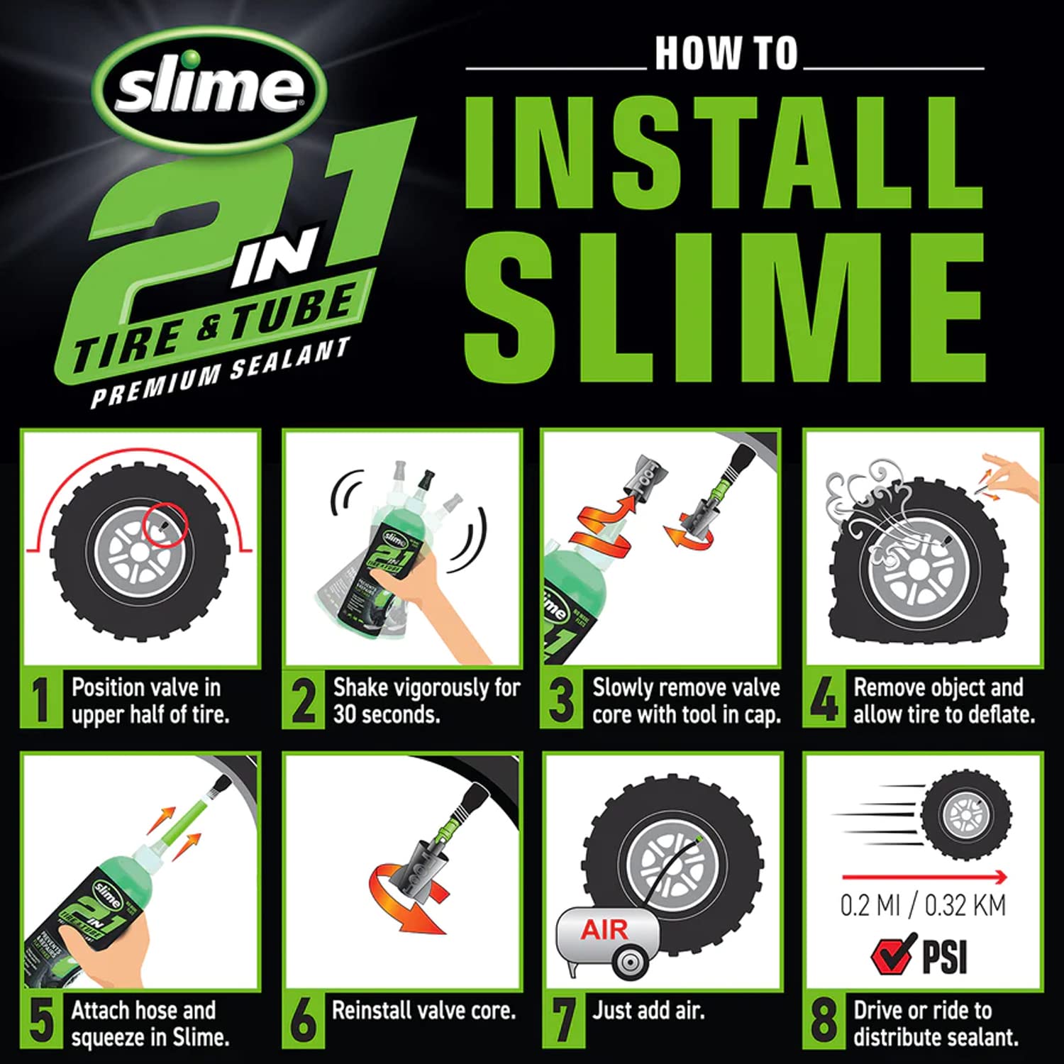 Slime 10193-6Pk 2-In-1 Tire And Tube Sealant Puncture Repair Sealant, Premium, Prevent And Repair, Suitable For Non-Highway Tire