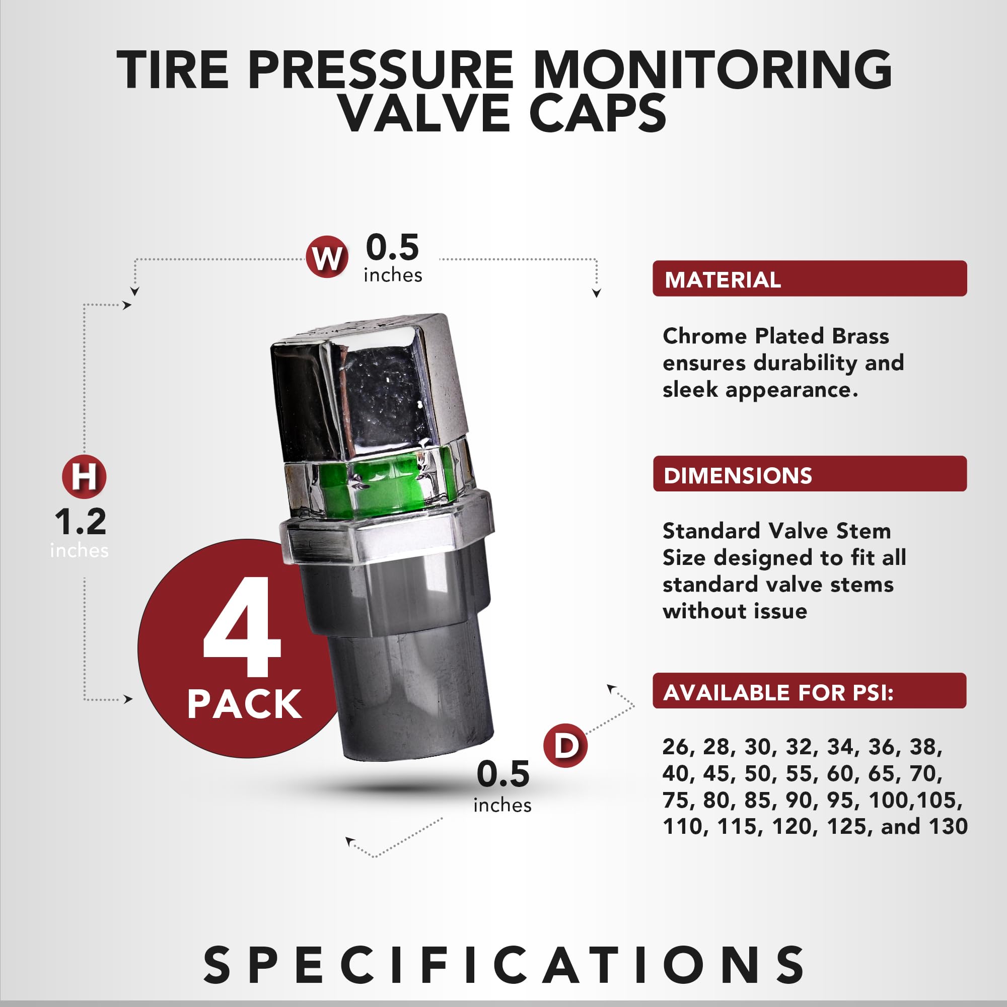Quick Pressure Tire Pressure Monitoring Valve Caps - 110 PSI Sensor Gauge, Chrome-Plated, Pack of 4, Model QP-000110