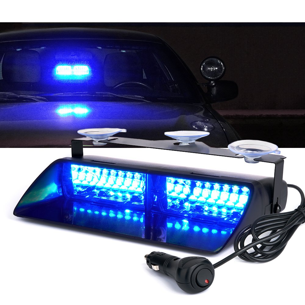 Xprite Blue Led Emergency Dash Strobe Light, Interior Windshield Safety Warning Police Lights W/Suction Cups, 12V Windshield Vis