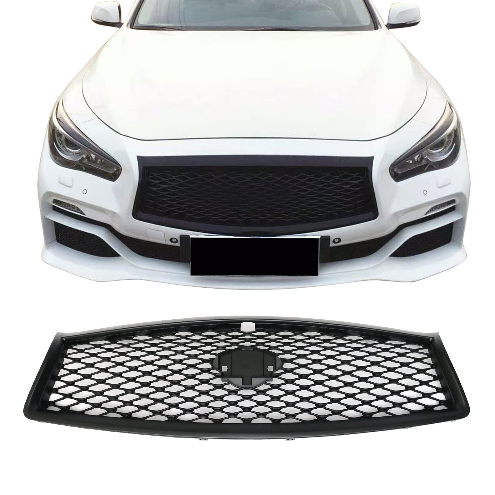 IKON MOTORSPORTS Grille Compatible With 2014-2017 Infiniti Q50, Eau Rouge ER Style ABS Matte Black Front Bumper Grill Hood Mesh,