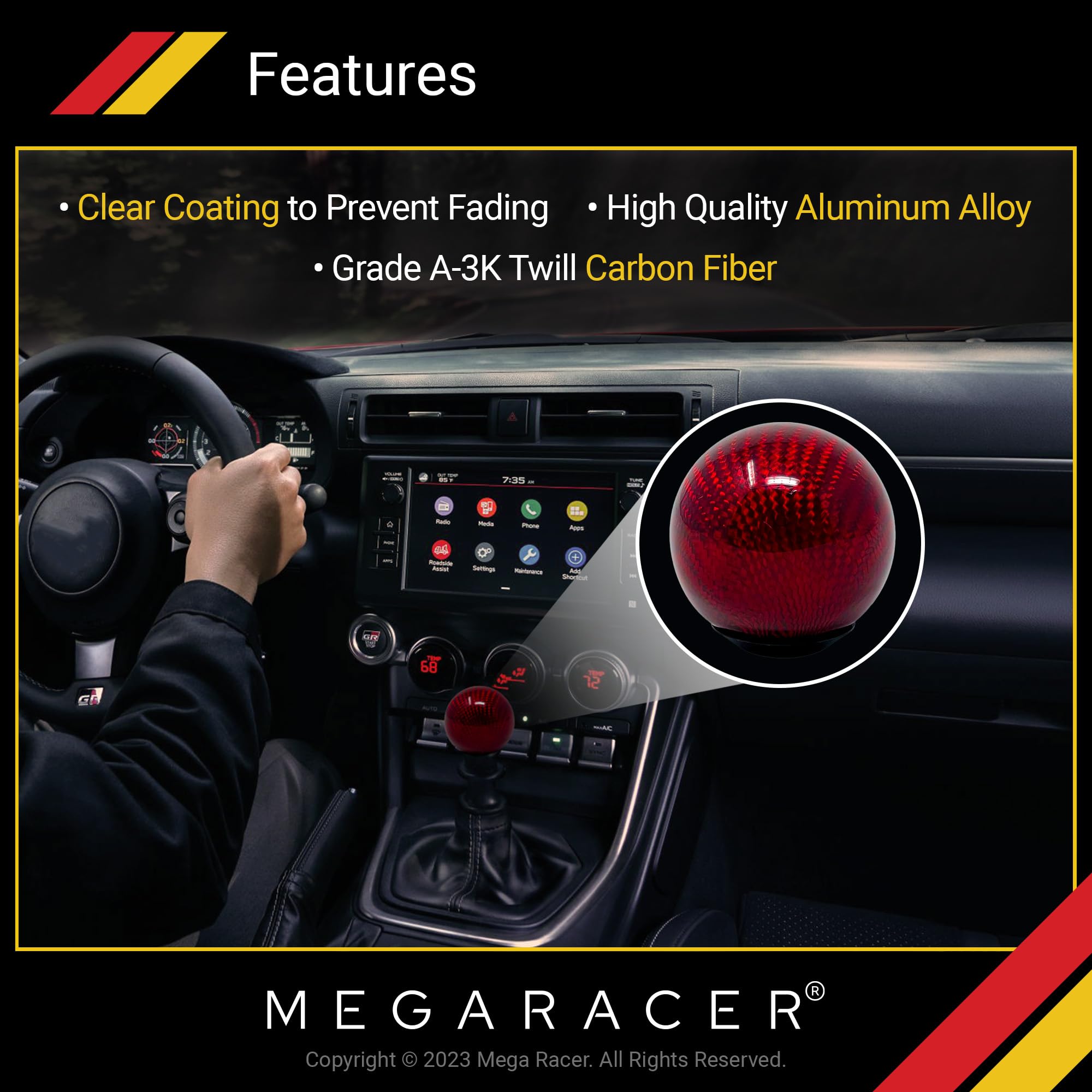 Mega Racer Carbon Fiber Shift Knob | 5cm Ball Red | Buttonless Automatic & Manual Gear Shifter | Model MR-MT-Ball-Red