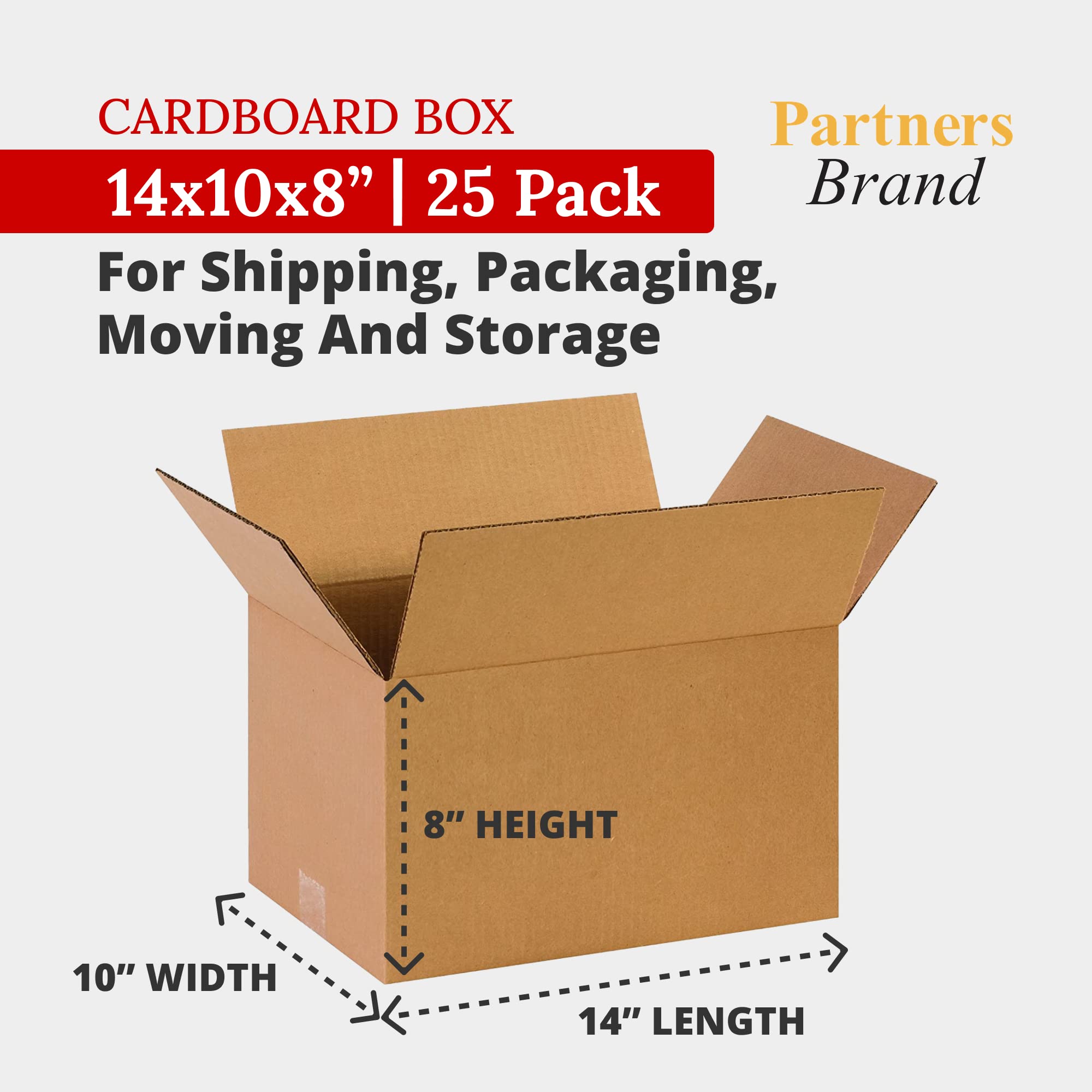 Partners Brand 14X10X8 Corrugated Cardboard Boxes, 14''L X 10''W X 8''H, Pack Of 25 | Shipping, Packaging, Moving, Storage Box F