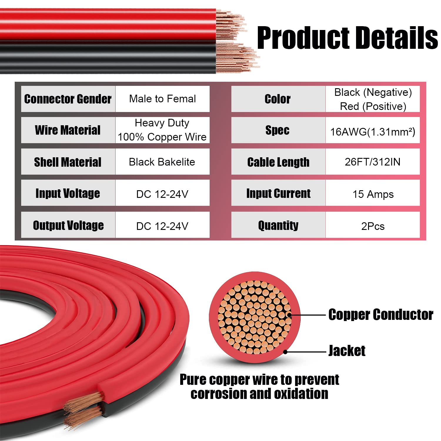 Gibbab 26FT Heavy Duty Cigarette Lighter Extension Cable, 12V/24V, 16AWG, 156W, Male to Female Adapter with Fuses and LED Lights
