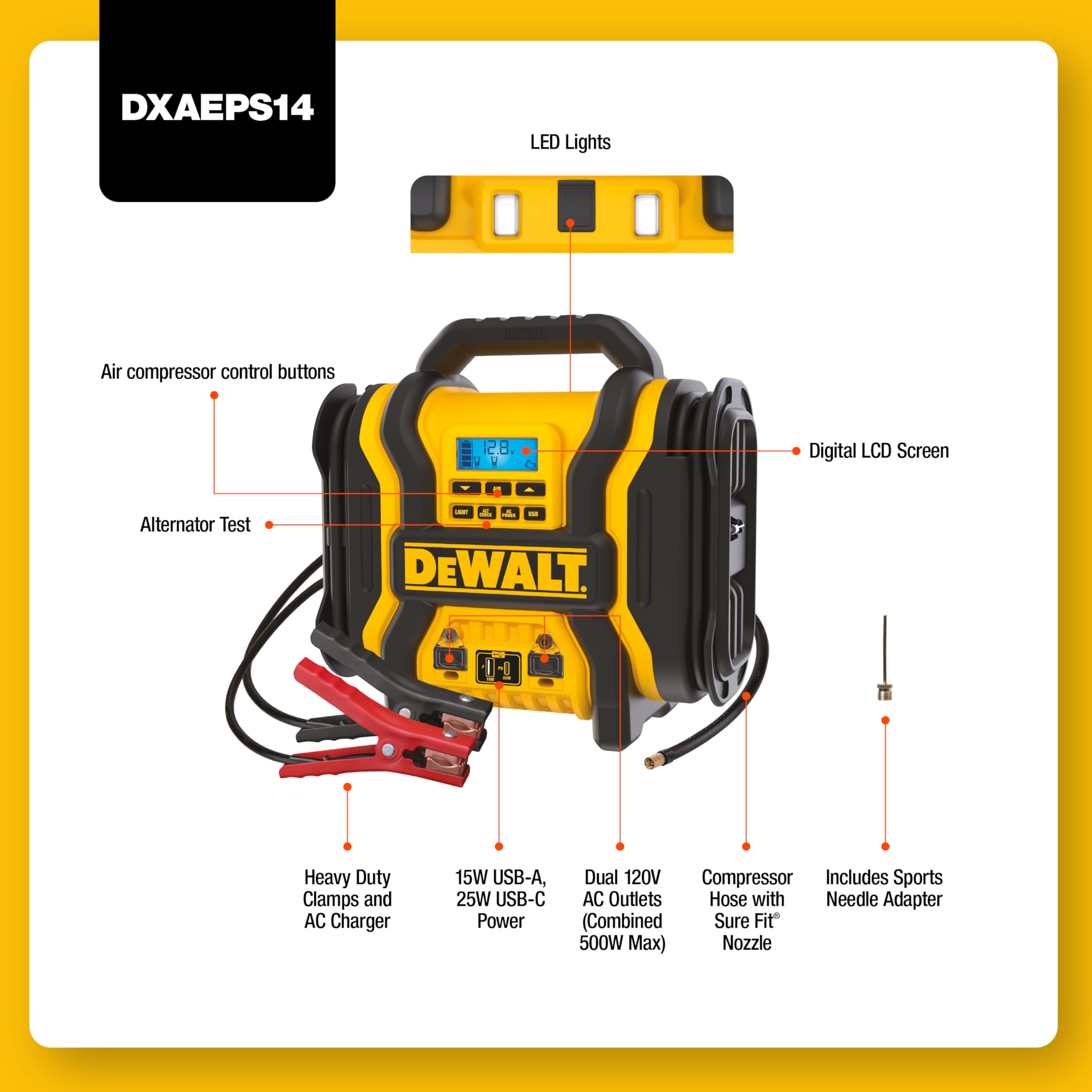 DEWALT DXAEPS14-Type2 2000 Peak Amp Jump Starter with 120 PSI Compressor & 500W Inverter