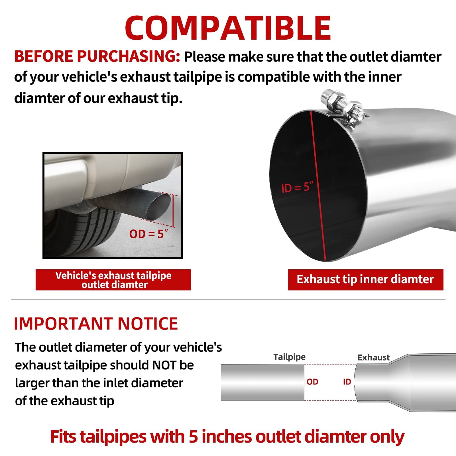 AUTOSAVER88 5 Inch Inlet Exhaust Tip - Stainless Steel, Chrome Polished, 5" Outlet, 15" Length, Model MAAUT0009642MA, Silver