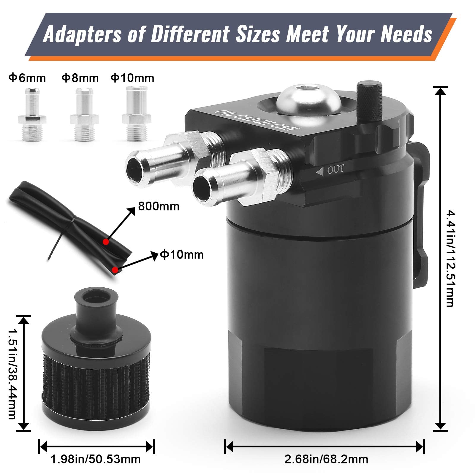 muge racing Universal Oil Catch Can Tank Kit Polish Baffled Reservoir with Breather Filter with 3/8'' Fuel Line,Aluminum,Black,4