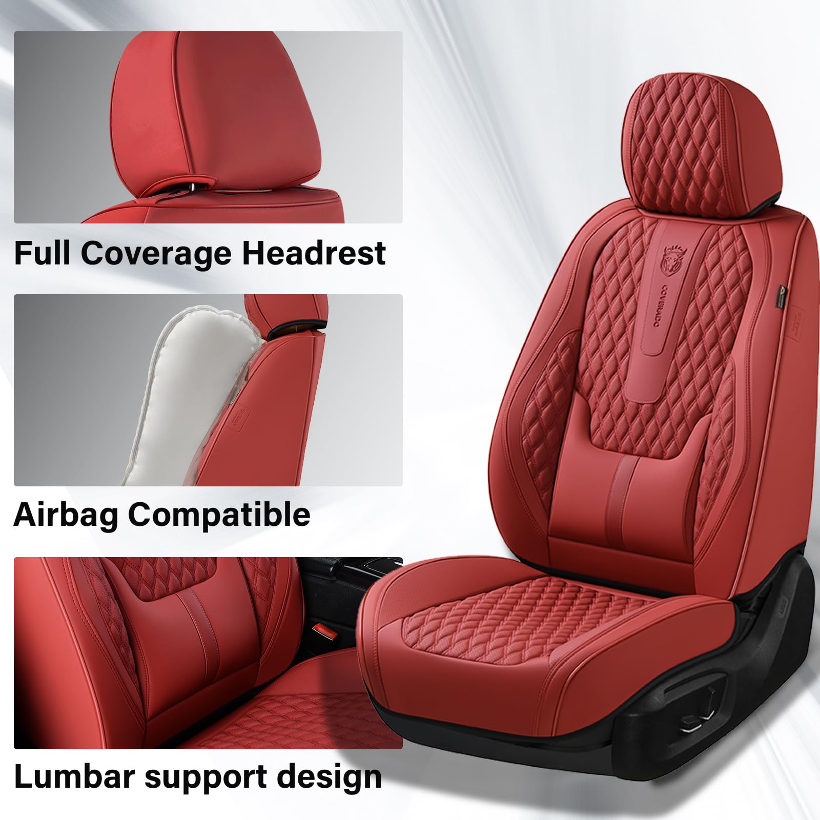 Coverado Car Seat Covers Full Set, Red Seat Covers For Car With Lumbar Support, Nappa Leather Seat Covers Waterproof Car Seat Pr