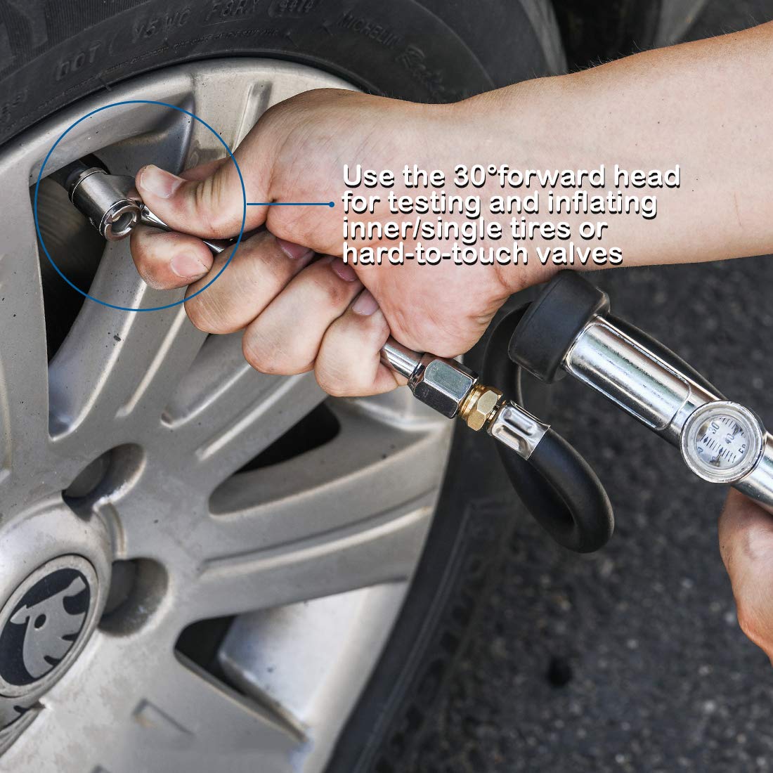 CZC AUTO Tire Inflator Air Pressure Gauge with Rubber Hose, 10-120PSI Dual Head Heavy Duty 1/4'' FNPT Tyre Inflator Gage Compati