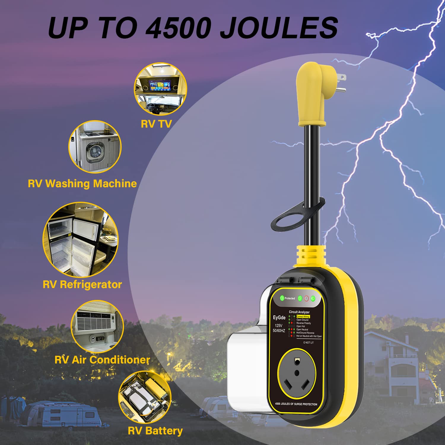 EyGde 30 Amp to 15 Amp RV Adapter with Surge Protector, Waterproof, 4500J, Model FC-19, Yellow, 15M/30F