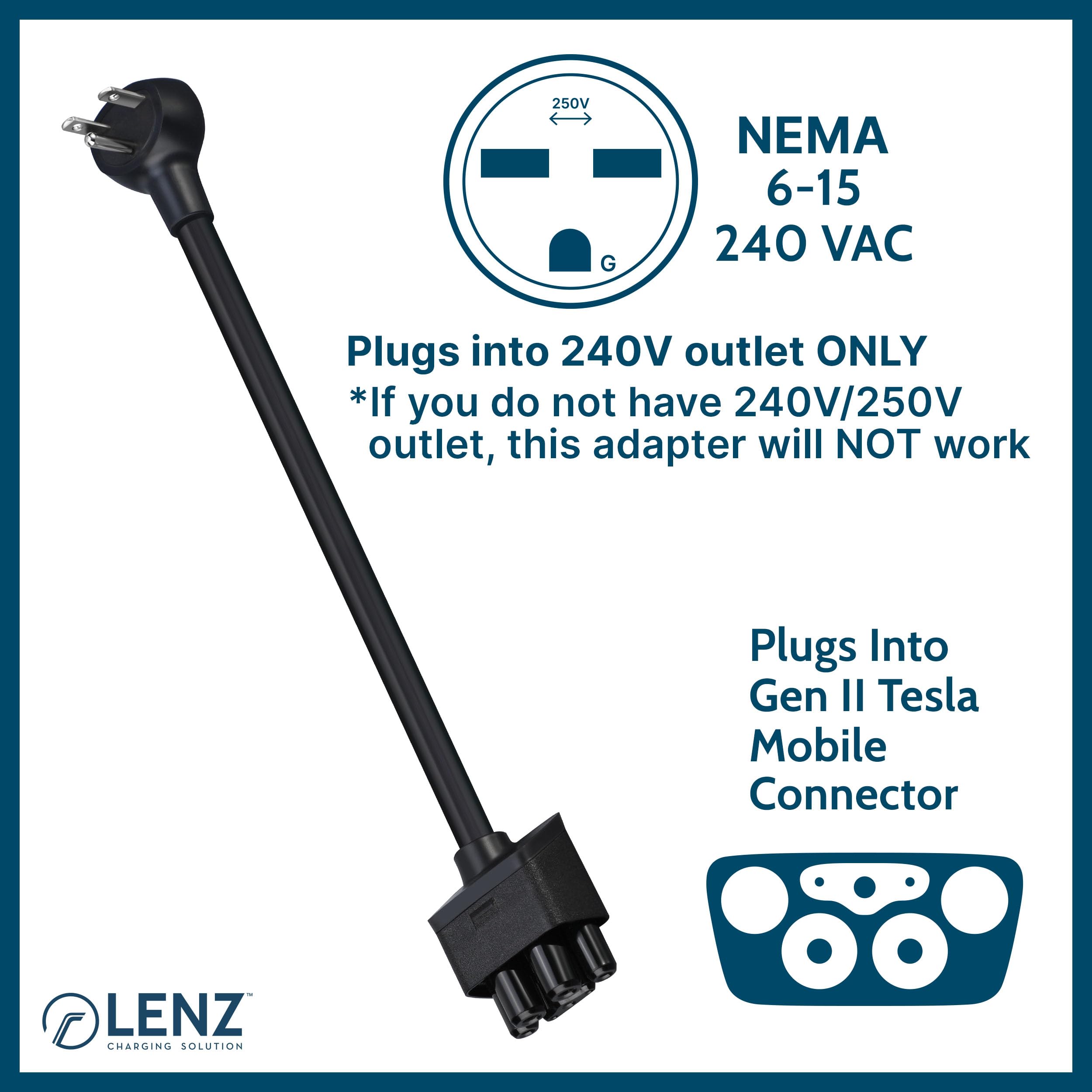 LENZ NEMA 6-15 Adapter for Tesla Mobile Charger Gen 2 & 3, 12 Amps, 14-Inch Length, Compatible with 240V 6-15 Out