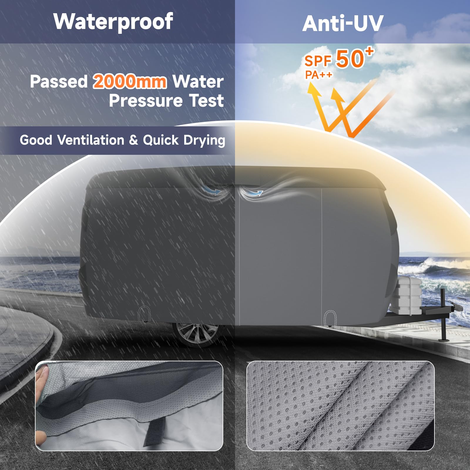 VINPATIO Fiberglass Travel Trailer Cover - Fits 13'-16' Trailers, Windproof Strap, RV Cover, Grey