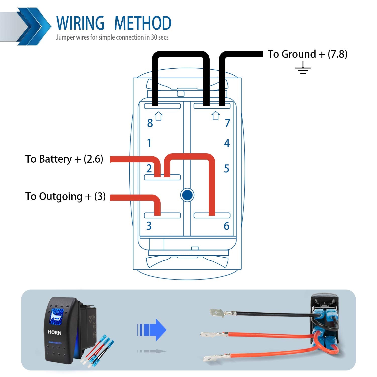 KEING Momentary Horn Button Switch - Waterproof ON/OFF with Blue LED Light, 12V/24V, 20Amp/10Amp for Automotive, Marine, RVs, and More